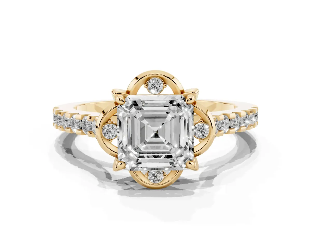 Asscher Cut Diamond Ring with Pavé Band and Floral Prong Setting Yellow gold
