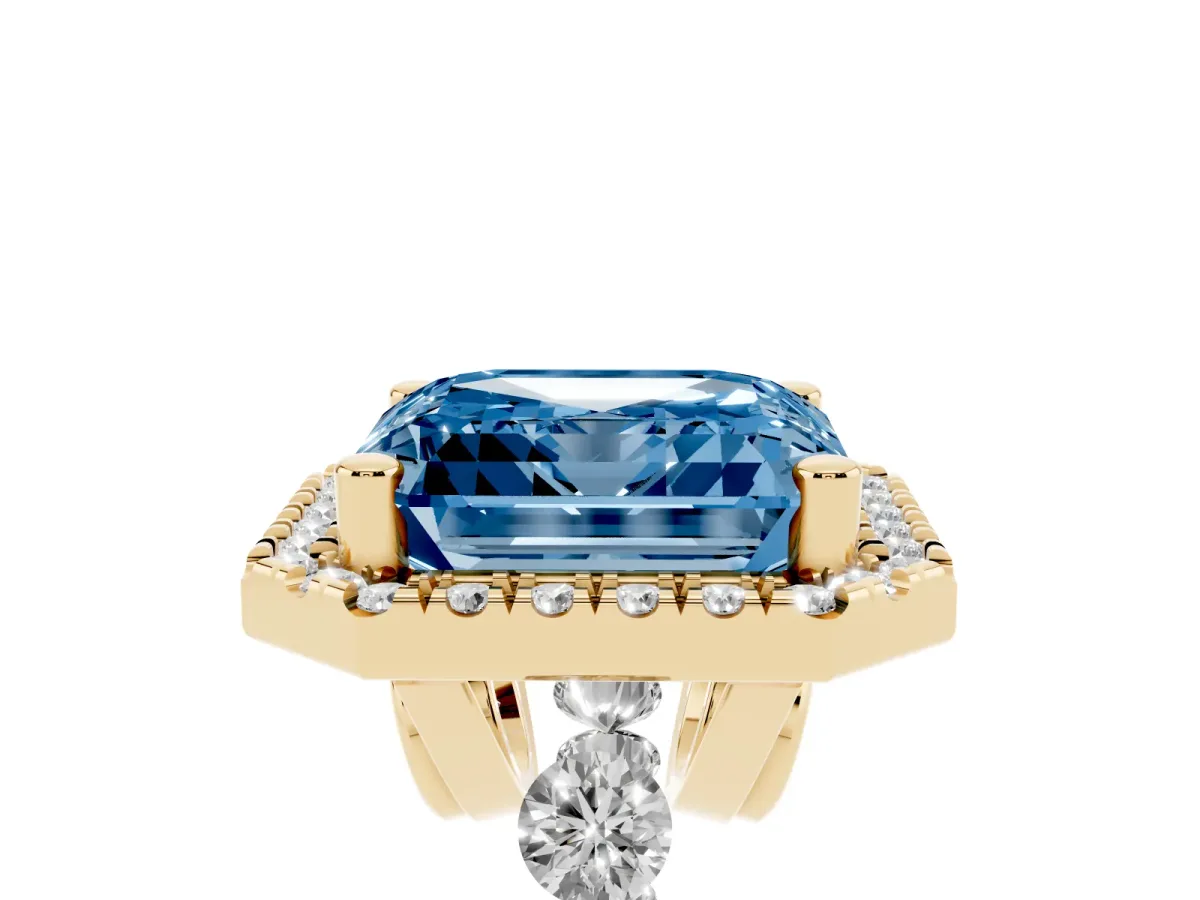 Fancy Blue Asscher Cut Halo Pavé Diamond Engagement Ring with Four-Prong Setting Yellow gold