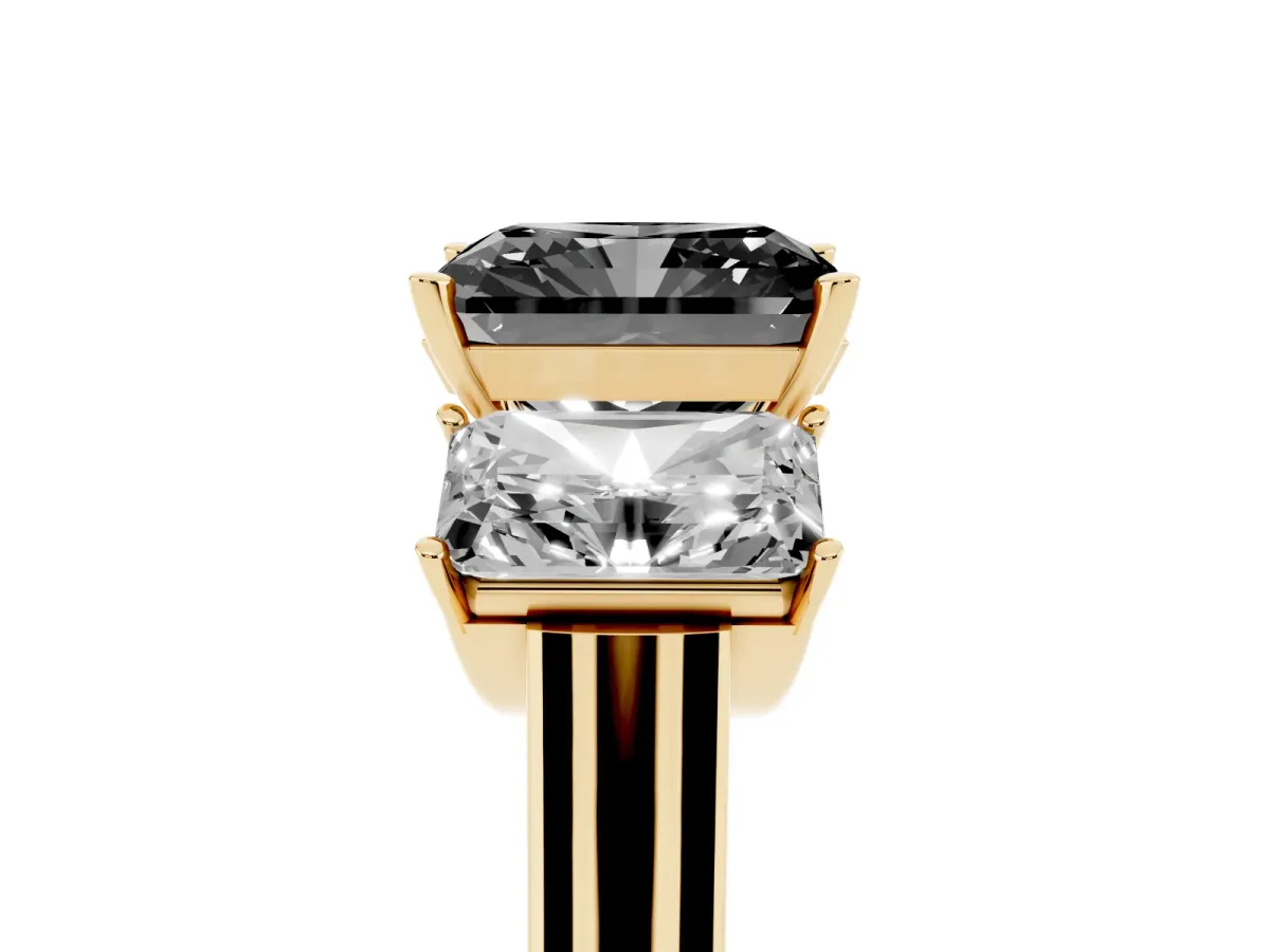 Fancy Black Three-Stone Radiant Cut Brilliant Diamond Trellis Ring with Comfort Fit Band Yellow gold