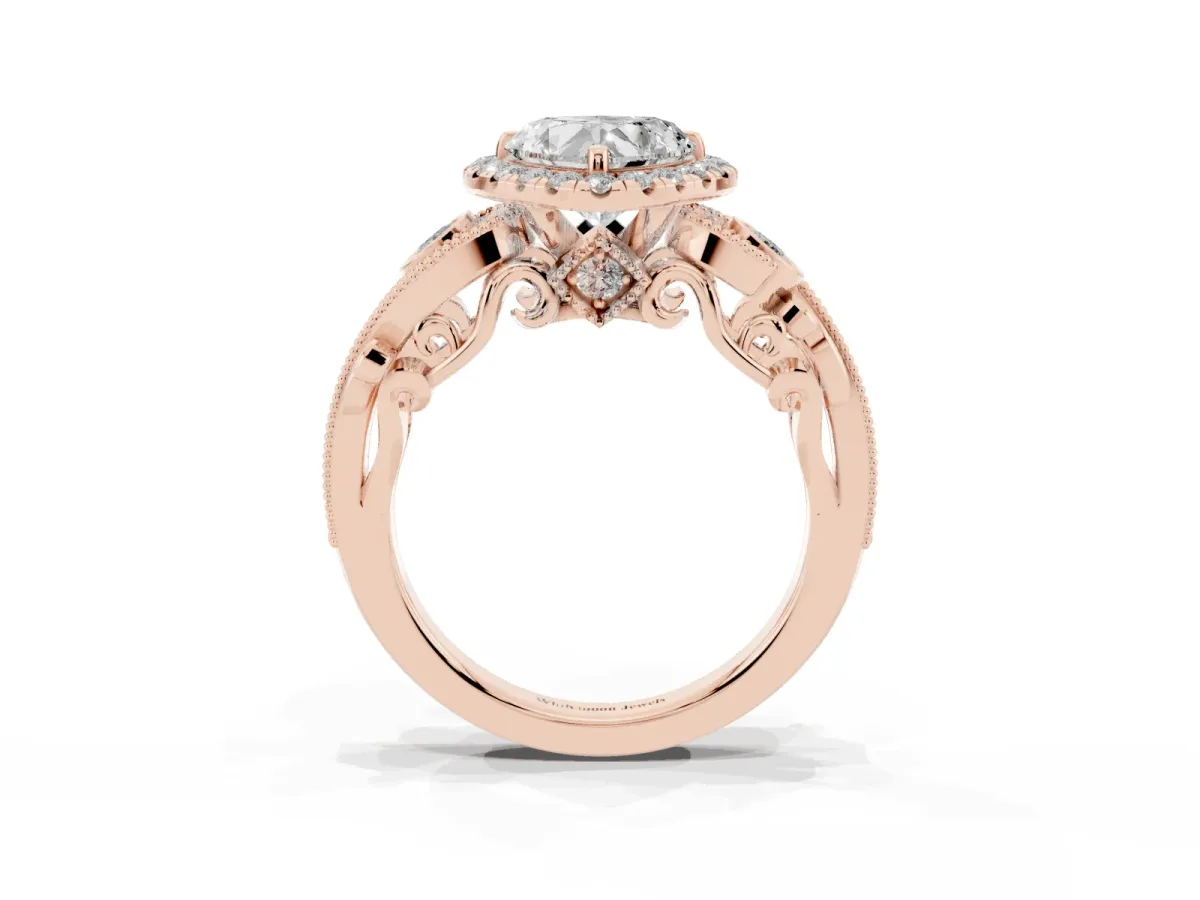 Heart Cut Halo Diamond Ring with Milgrain and Bezel Accents on a Split Shank Band Rose gold