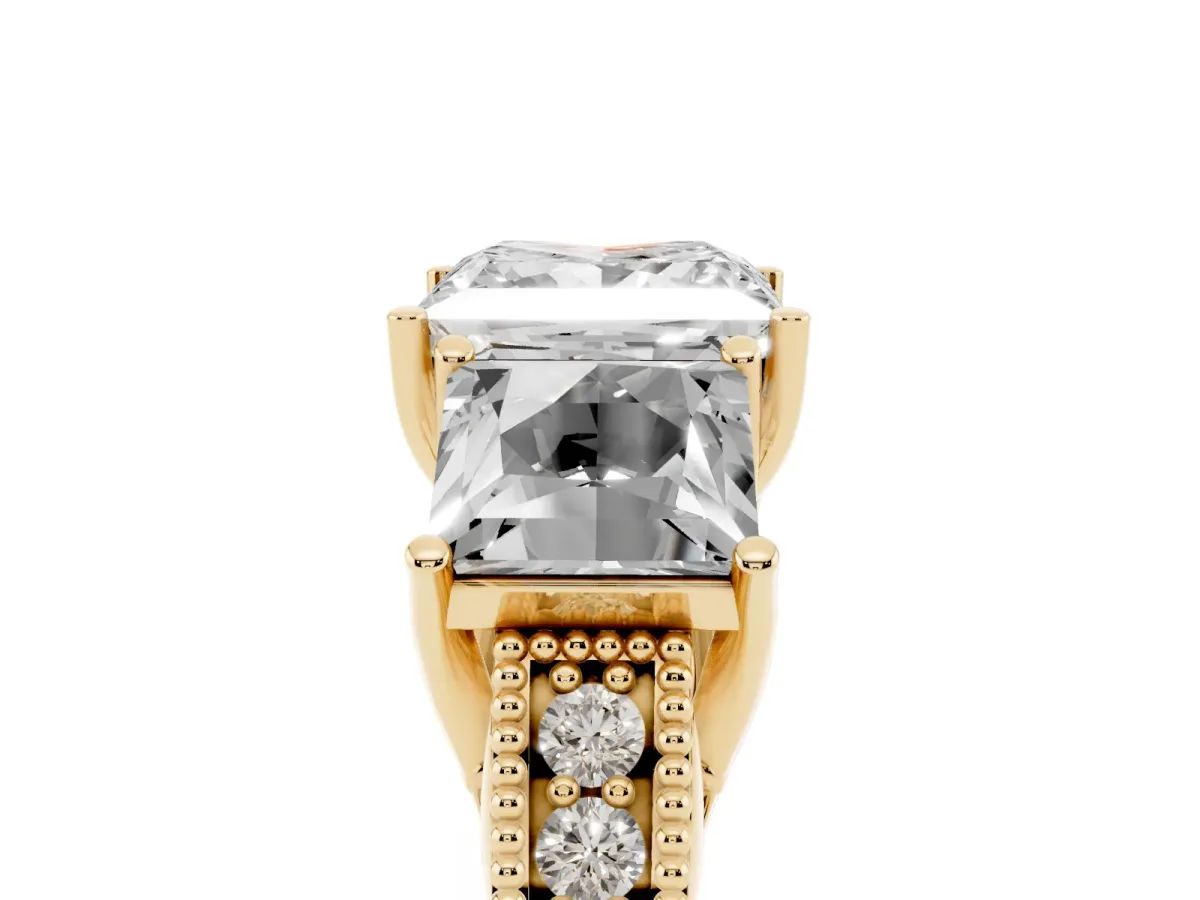 Three-Stone Princess Cut Cut Milgrain Pavé Engagement Ring Yellow gold