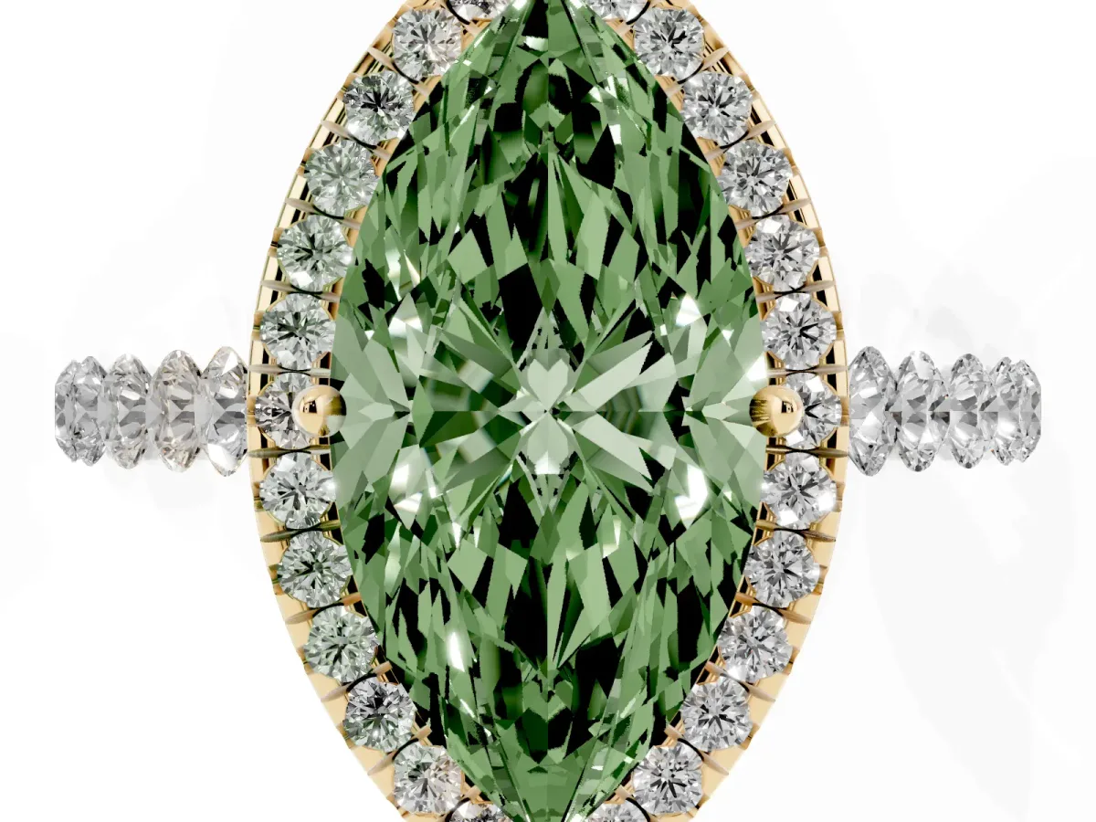 Fancy Green Marquise Cut Halo Pavé Diamond Engagement Ring with Four-Prong Setting Yellow gold
