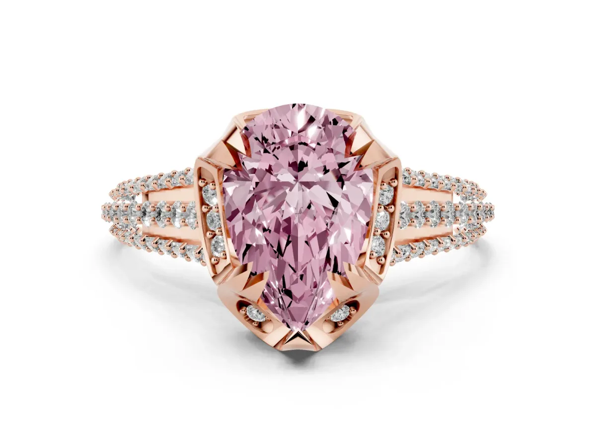 Fancy Pink Pear Cut Solitaire Pave Split Shank Ring with Four-Prong Setting Rose gold