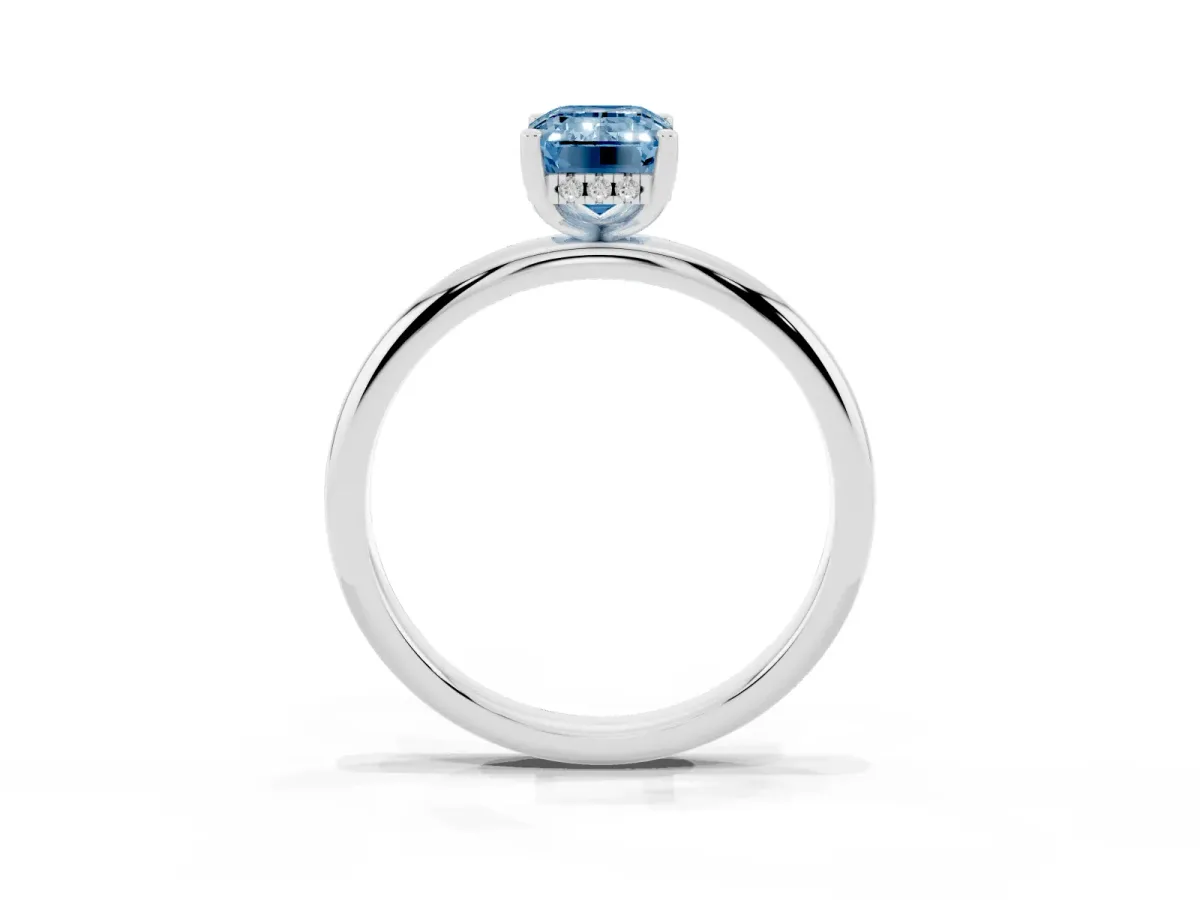 Fancy Blue Emerald Cut Cut Solitaire Engagement Ring with Four-Prong Setting and Classic Band Silver