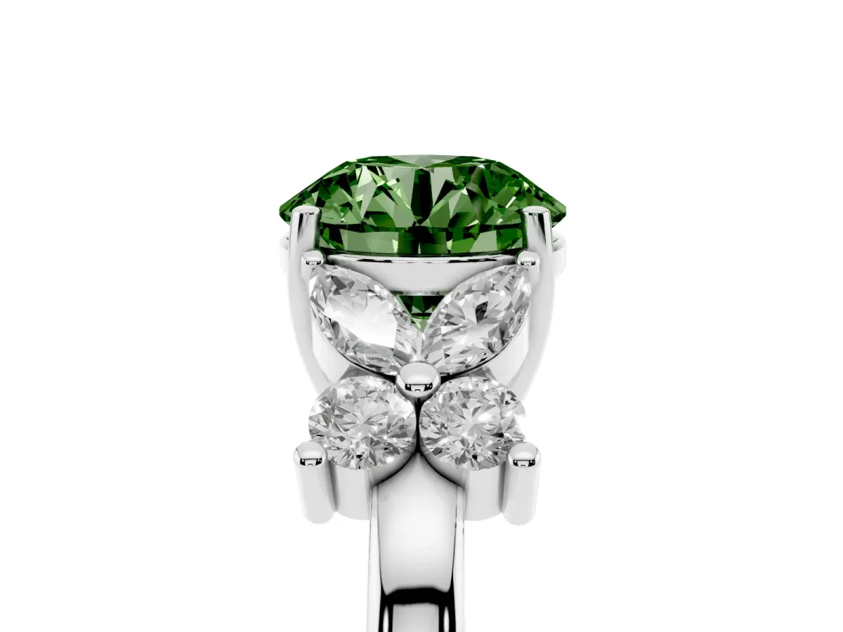 Fancy Green Round Cut Diamond Floral Cluster Ring with Solitaire Band and Prong Setting Silver