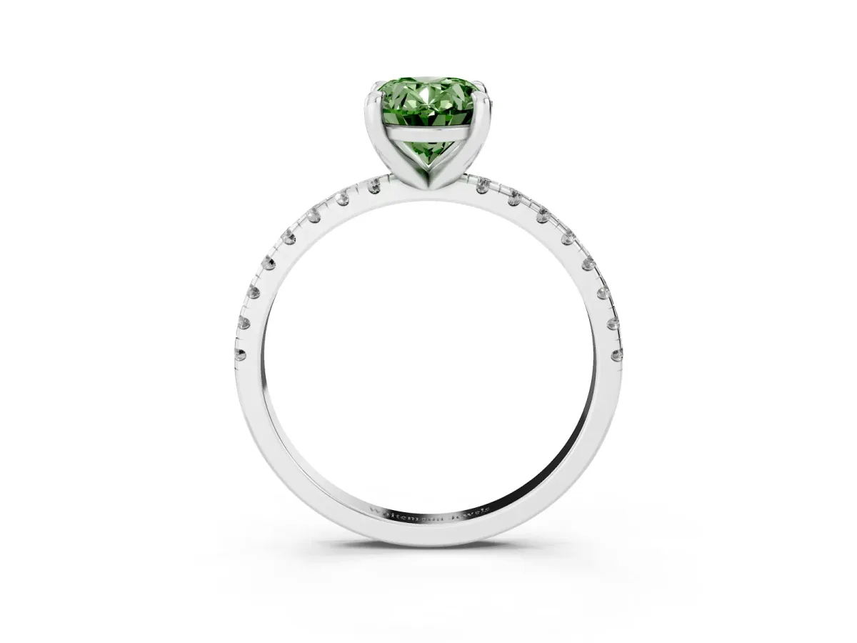 Fancy Green Oval Cut Diamond Brilliant Solitaire Ring with Pavé Band and Four-Prong Setting Platinum