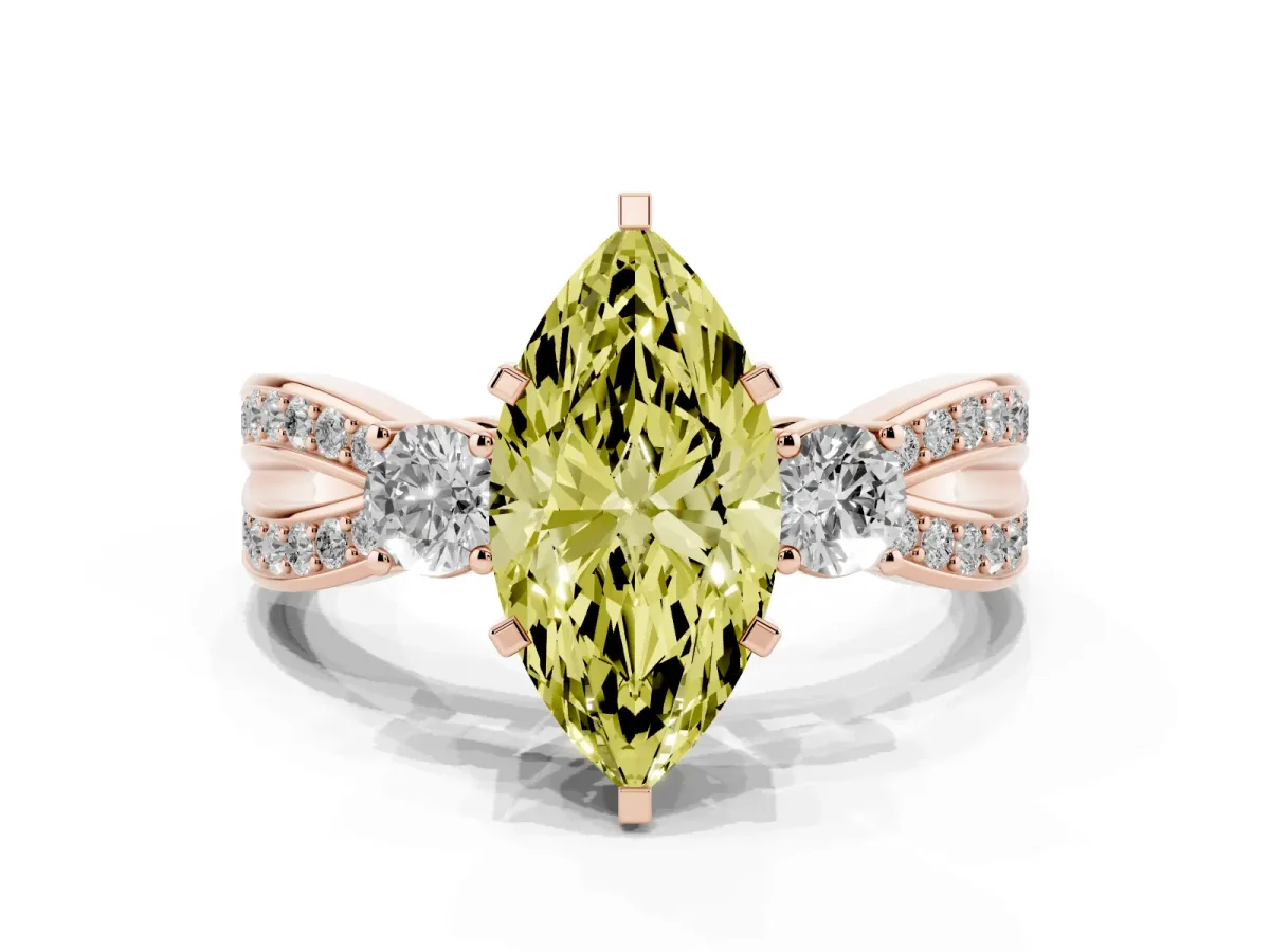 Fancy Yellow Three-Stone Marquise Cut Cut Diamond Twist Band with Prong Setting Rose gold
