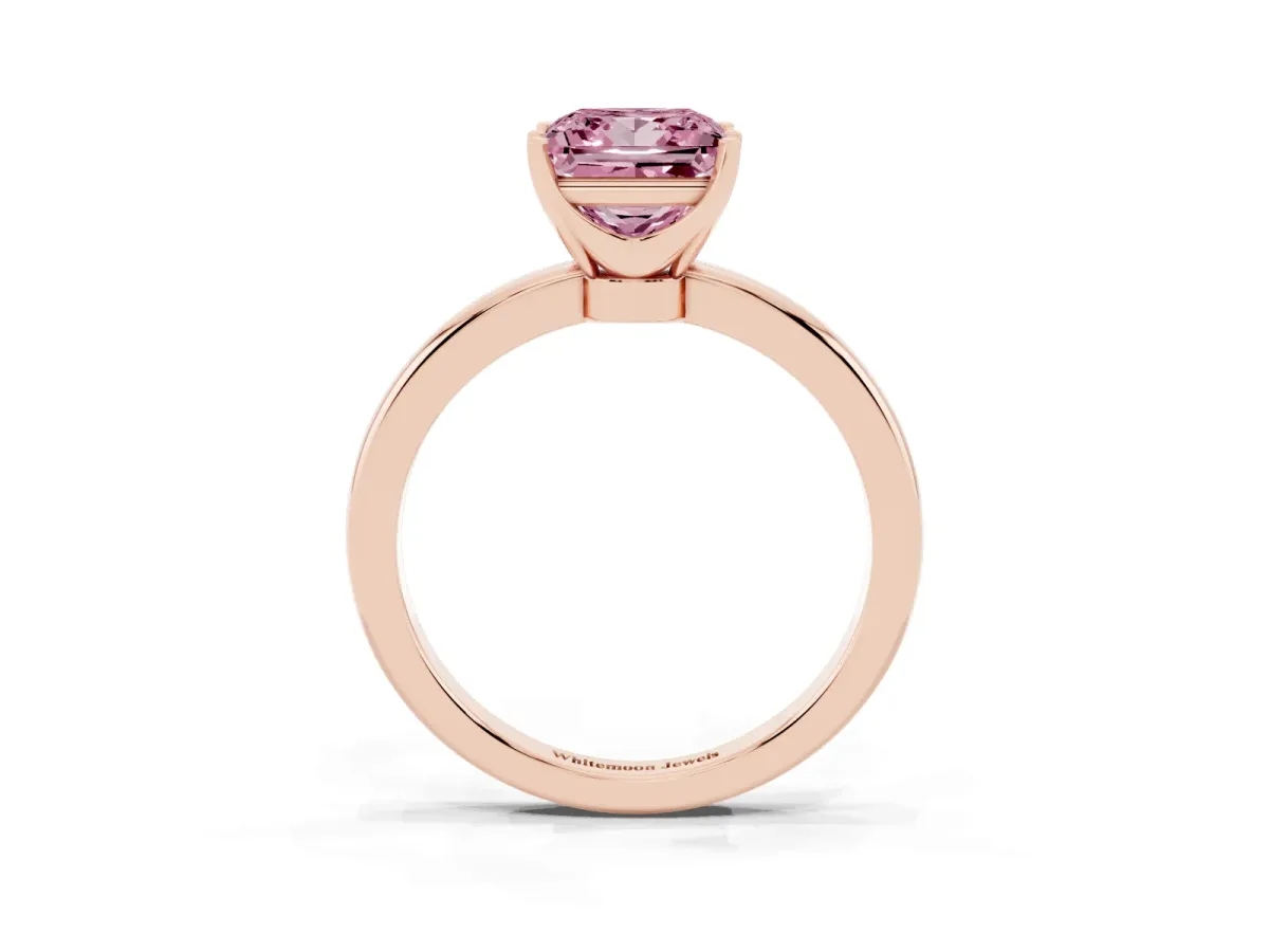 Fancy Pink Princess Cut Solitaire Diamond Ring with Six-Prong Setting on a Classic Band Rose gold