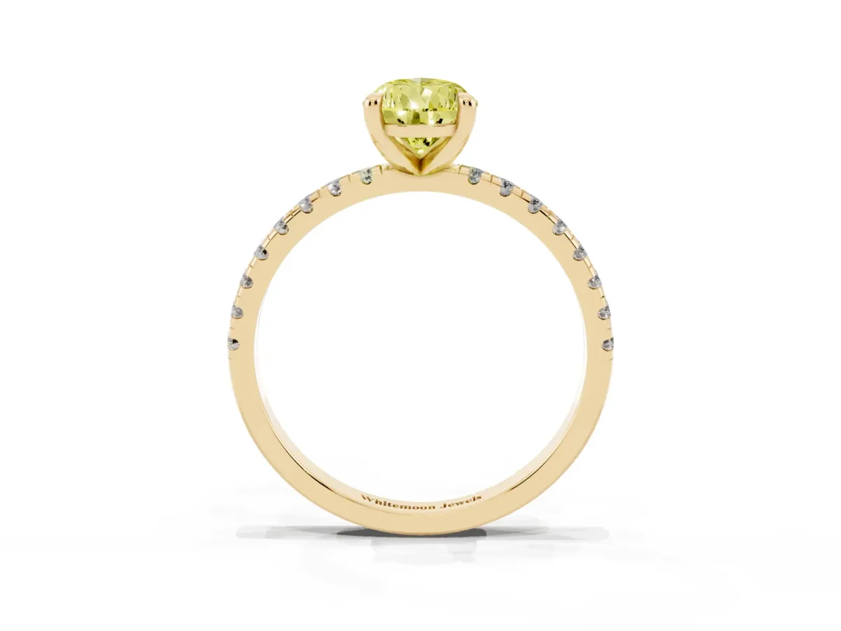 Fancy Yellow Pear Cut Diamond Brilliant Solitaire Ring with Pavé Band and Four-Prong Setting Yellow gold