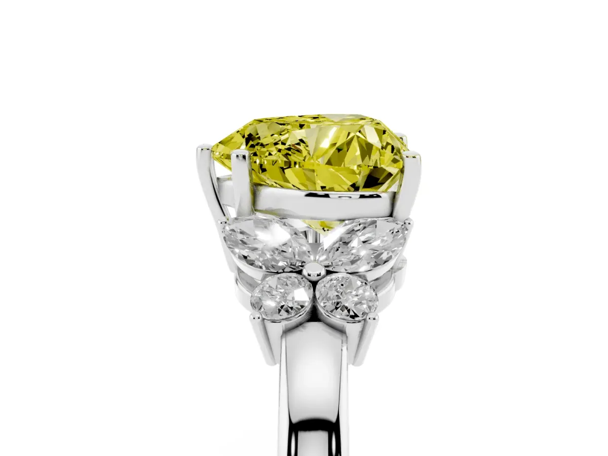 Fancy Yellow Heart Cut Cut Solitaire Floral Diamond Ring with Four-Prong Setting Silver
