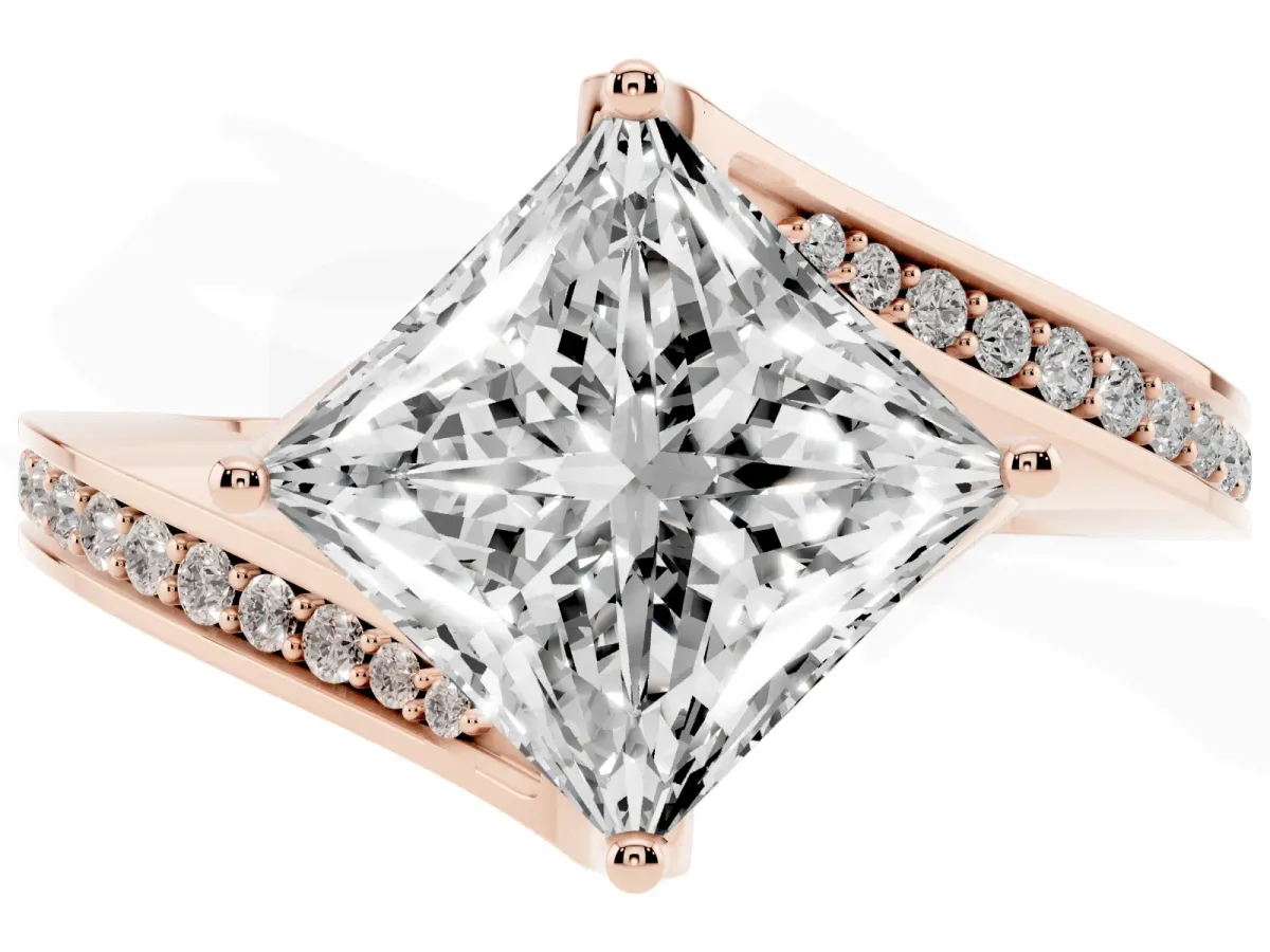Princess Cut Solitaire Diamond Twist Band with Pavé Setting and Four-Prong Setting Rose gold