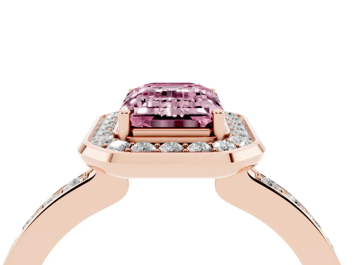 Fancy Pink Emerald Cut Diamond Halo Ring with Bezel Frame and Pavé Band Rose gold