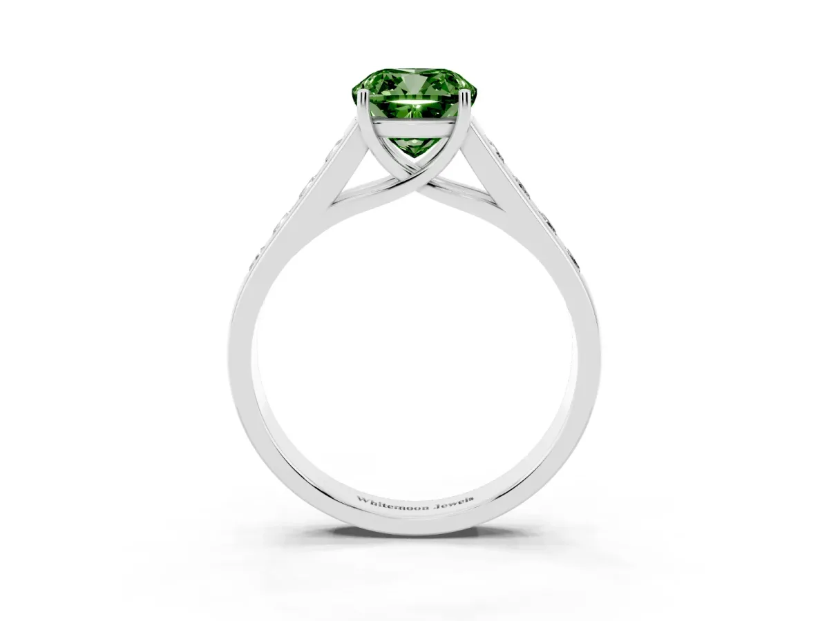 Fancy Green Cushion Cut Solitaire Channel-Set Diamond Engagement Ring with Four-Prong Setting Silver