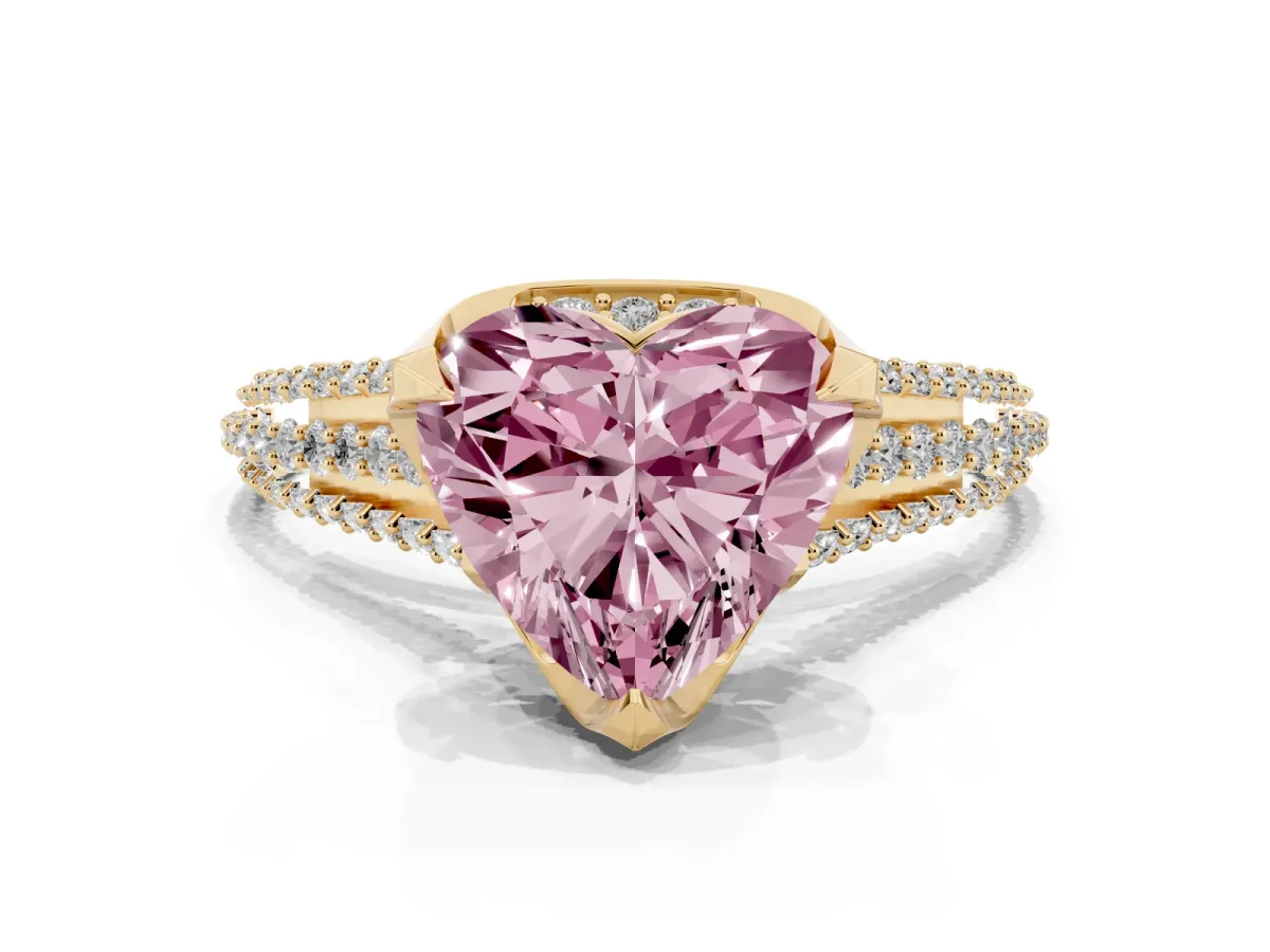 Fancy Pink Heart Cut Solitaire Pave Split Shank Ring with Four-Prong Setting Yellow gold