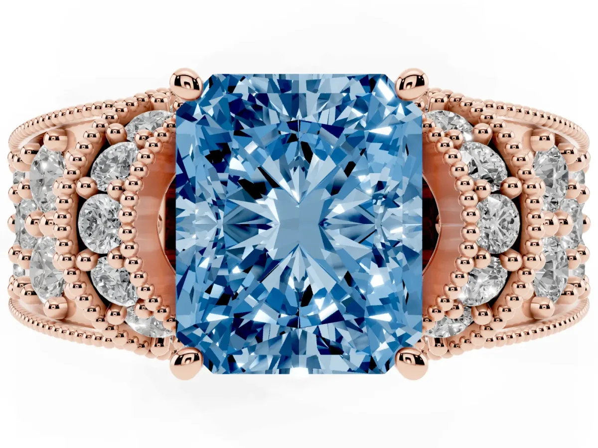 Fancy Blue Radiant Cut Halo Pave Diamond Engagement Ring with Milgrain Detailing Rose gold