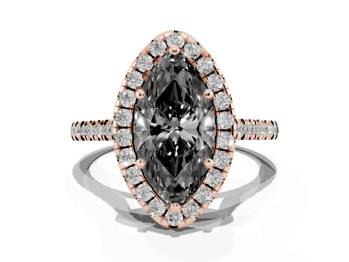 Fancy Black Marquise Cut Diamond Cushion Halo Ring with Pavé Band Rose gold