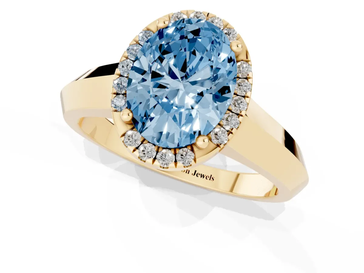 Fancy Blue Oval Cut Halo Diamond Ring with Cathedral Band and Four-Prong Setting Yellow gold