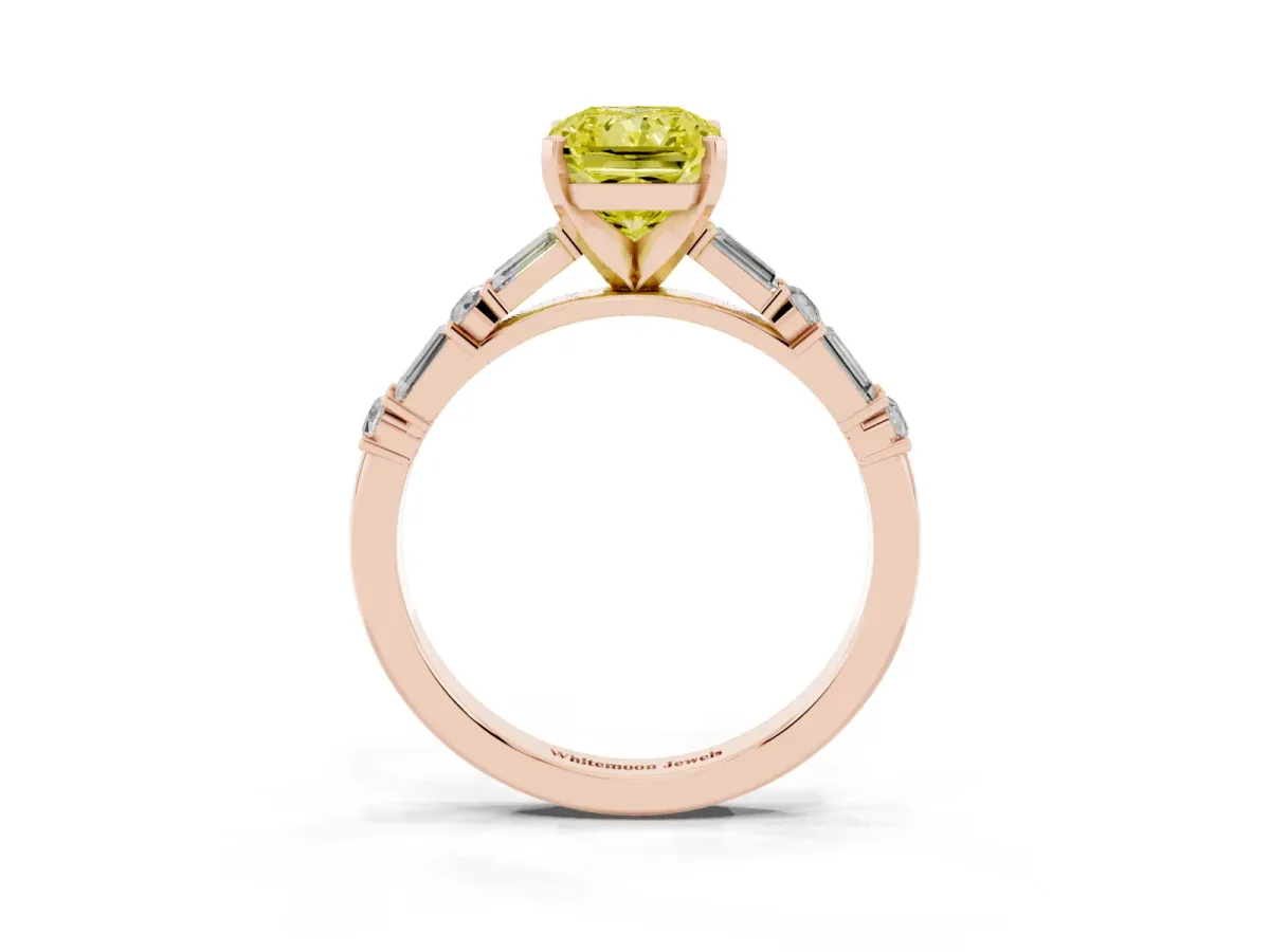 Fancy Yellow Radiant Cut Diamond Solitaire with Side Baguettes and Channel Set Band Rose gold