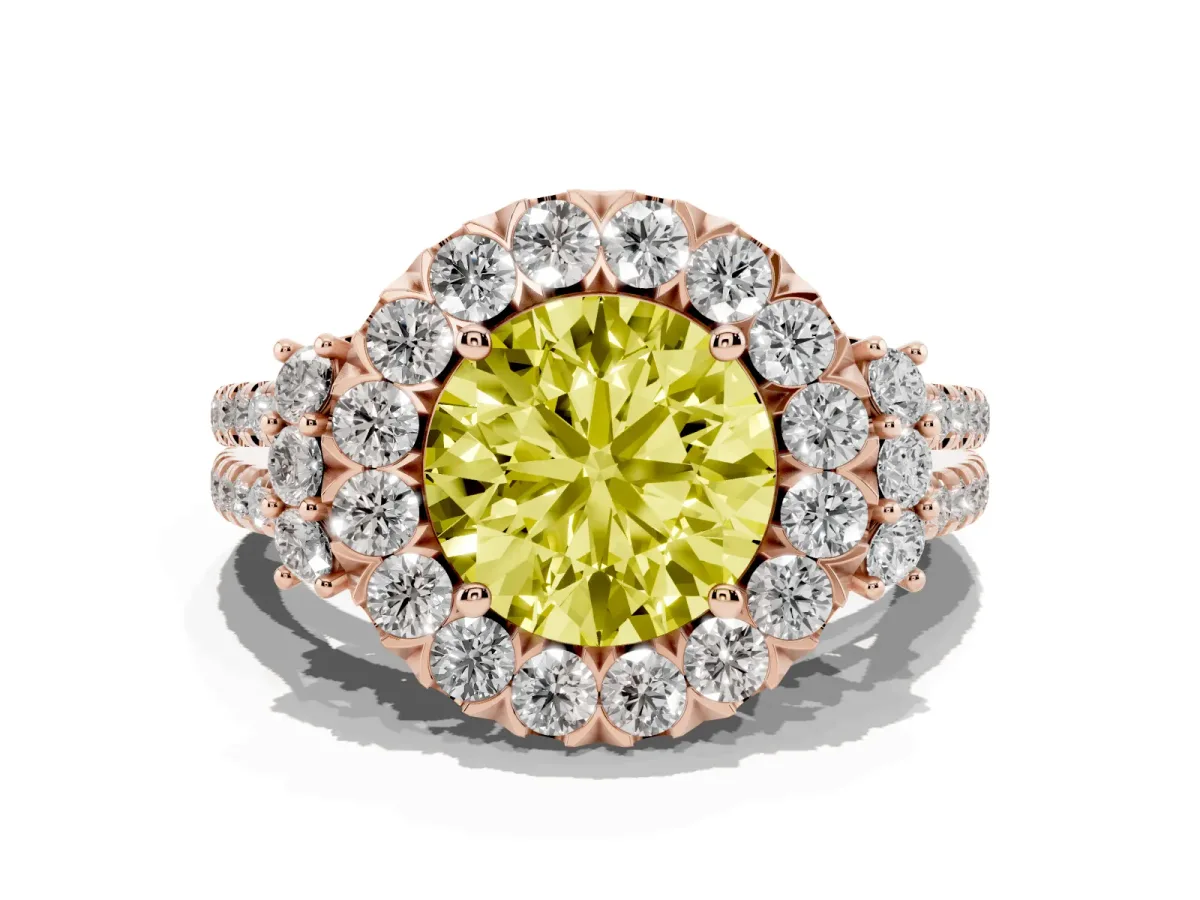 Fancy Yellow Round Cut Cut Double Halo Diamond Engagement Ring with Pave Band and Four-Prong Setting Rose gold
