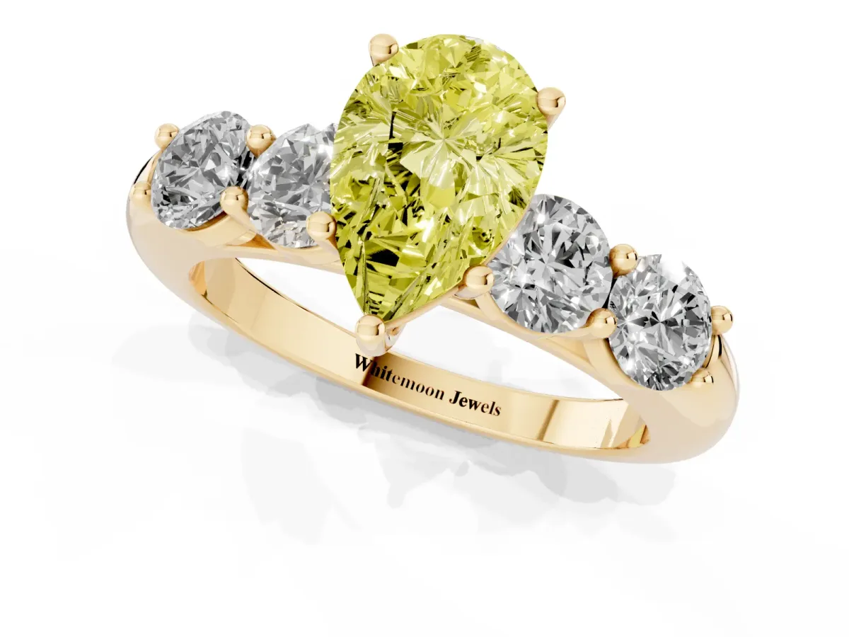 Fancy Yellow Pear Cut Cut Five-Stone Prong Set Diamond Ring with Classic Band Yellow gold