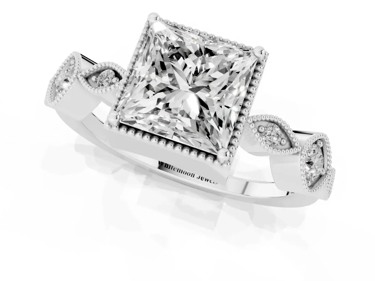 Princess Cut Diamond Vintage Milgrain Ring with Round Stations Silver