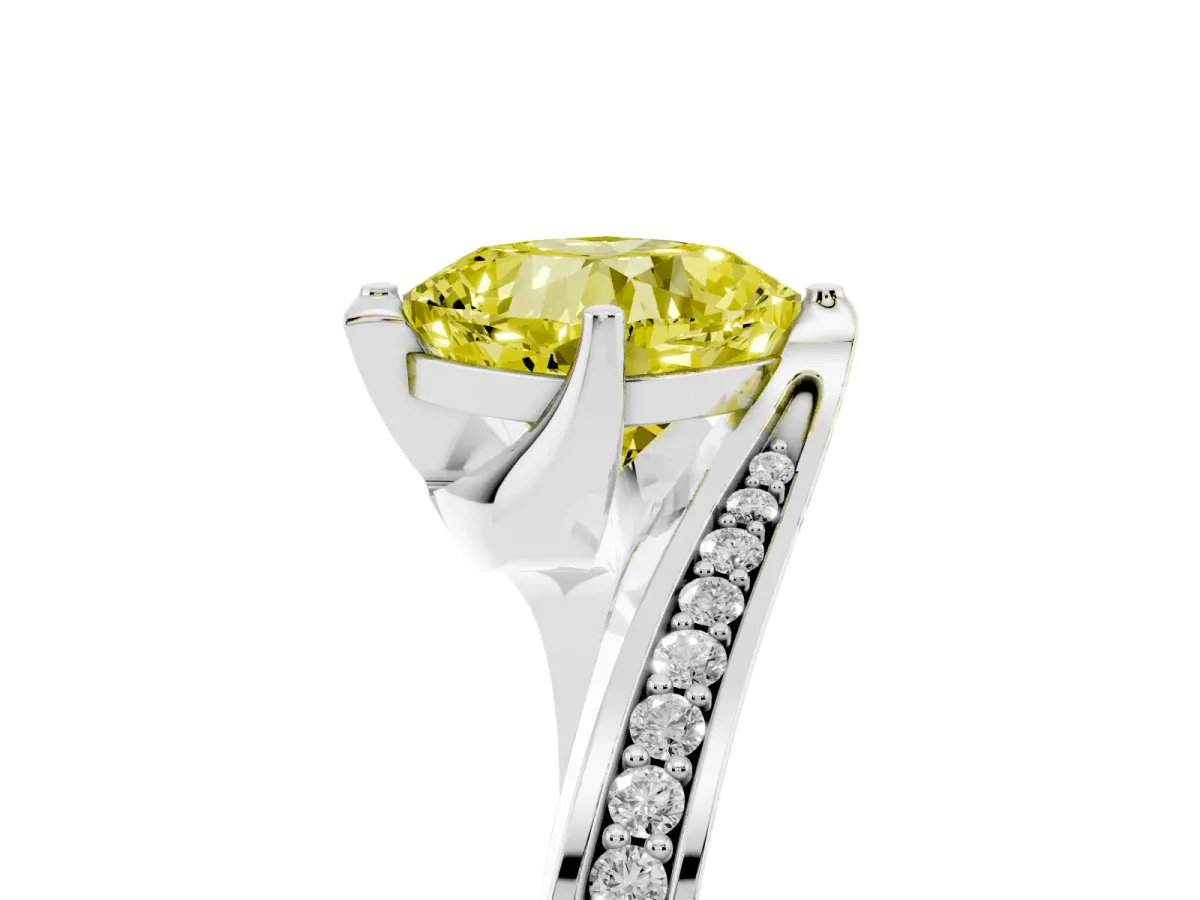 Fancy Yellow Cushion Cut Solitaire Diamond Twist Band with Pavé Setting and Four-Prong Setting White gold