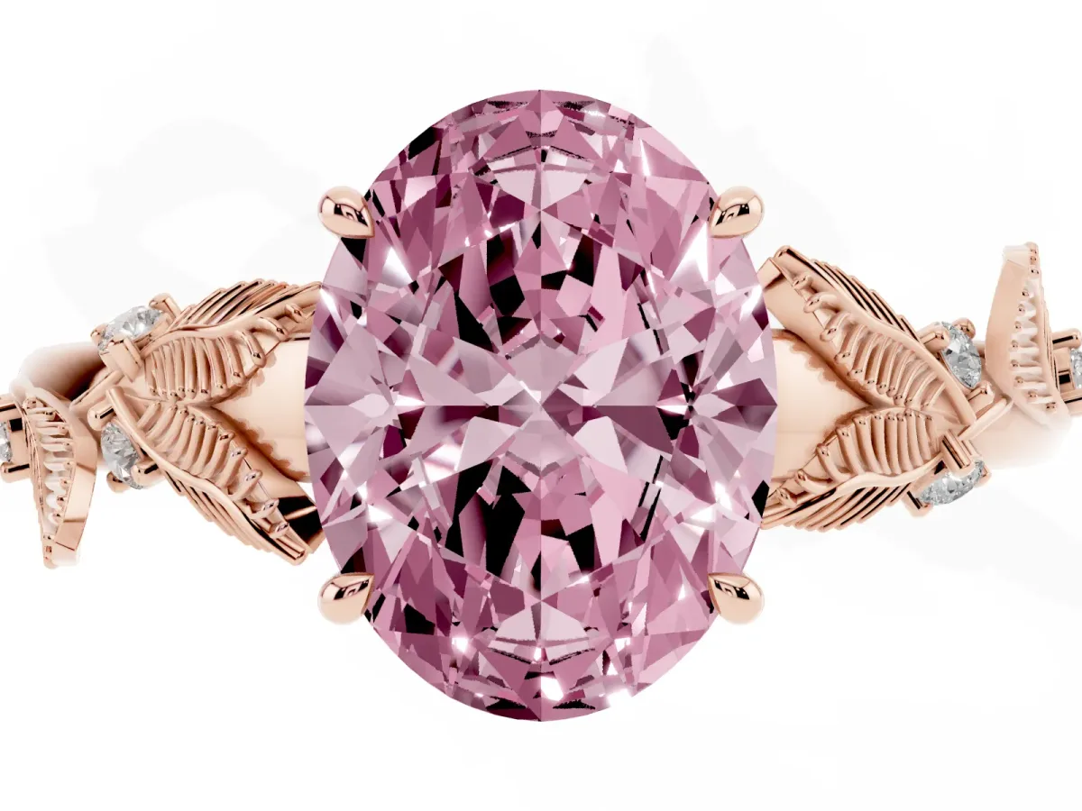 Fancy Pink Oval Cut Diamond Solitaire Ring with Leaf Motif Band and Four-Prong Setting Rose gold