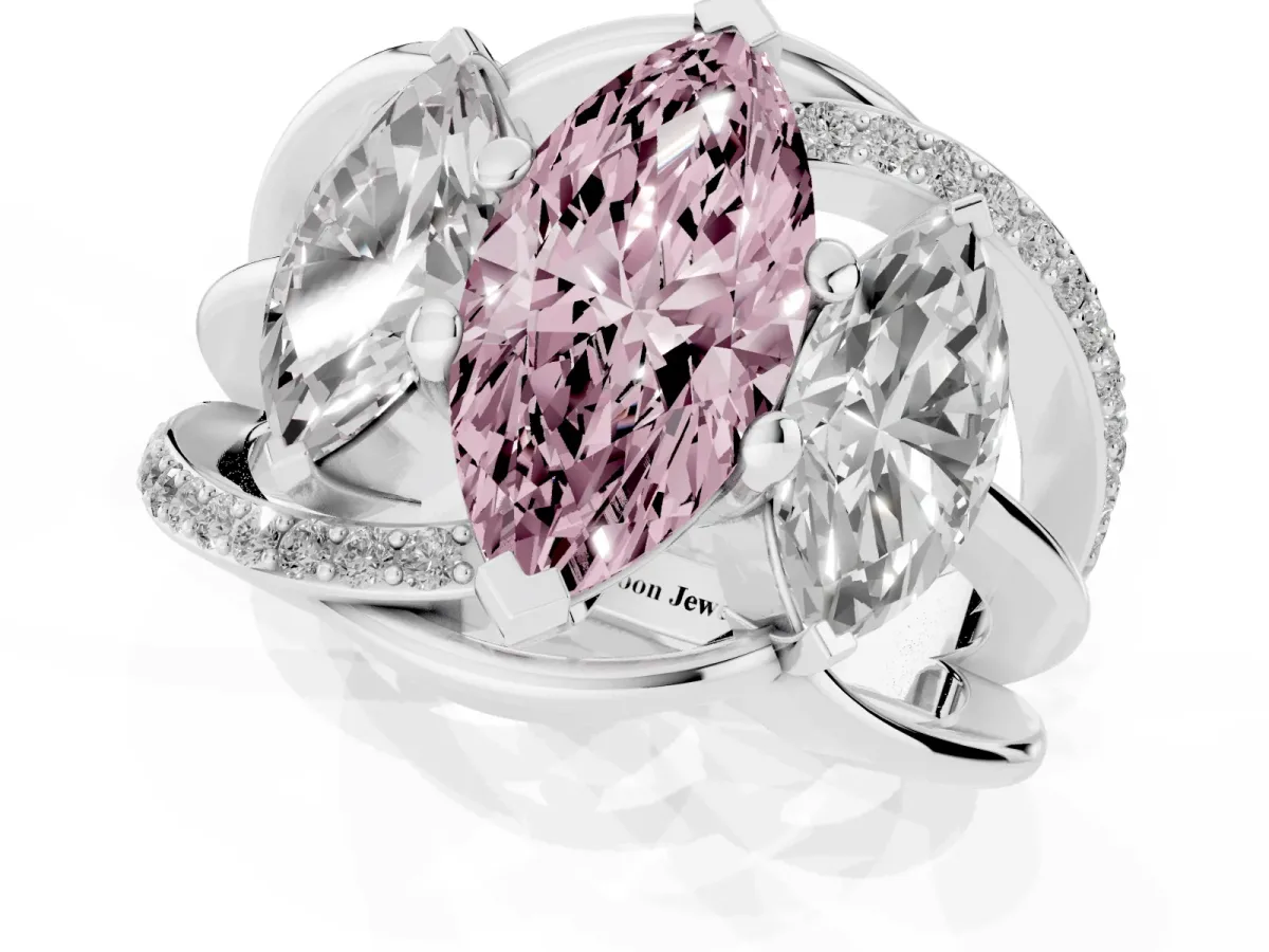 Fancy Pink Three-Stone Marquise Cut Cut Diamond Split Shank Prong Set Ring White gold