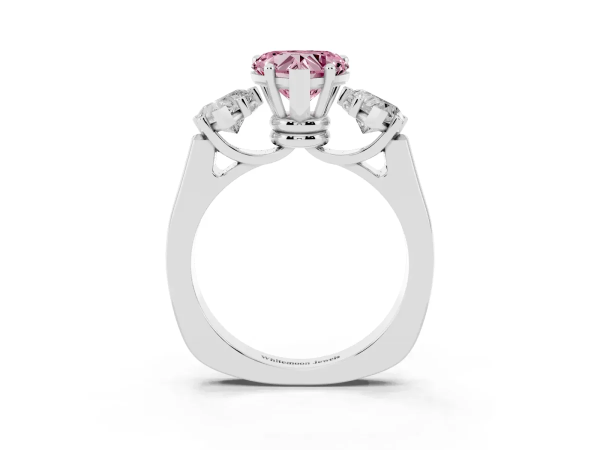 Fancy Pink Three-Stone Heart Cut Brilliant Diamond Trellis Ring with Comfort Fit Band Silver
