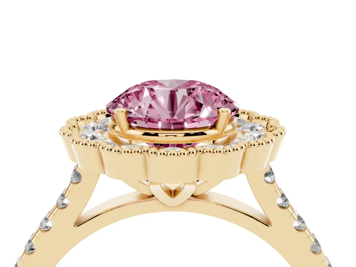 Fancy Pink Round Cut Cut Diamond Milgrain Floral Halo Engagement Ring with Pavé Band Yellow gold