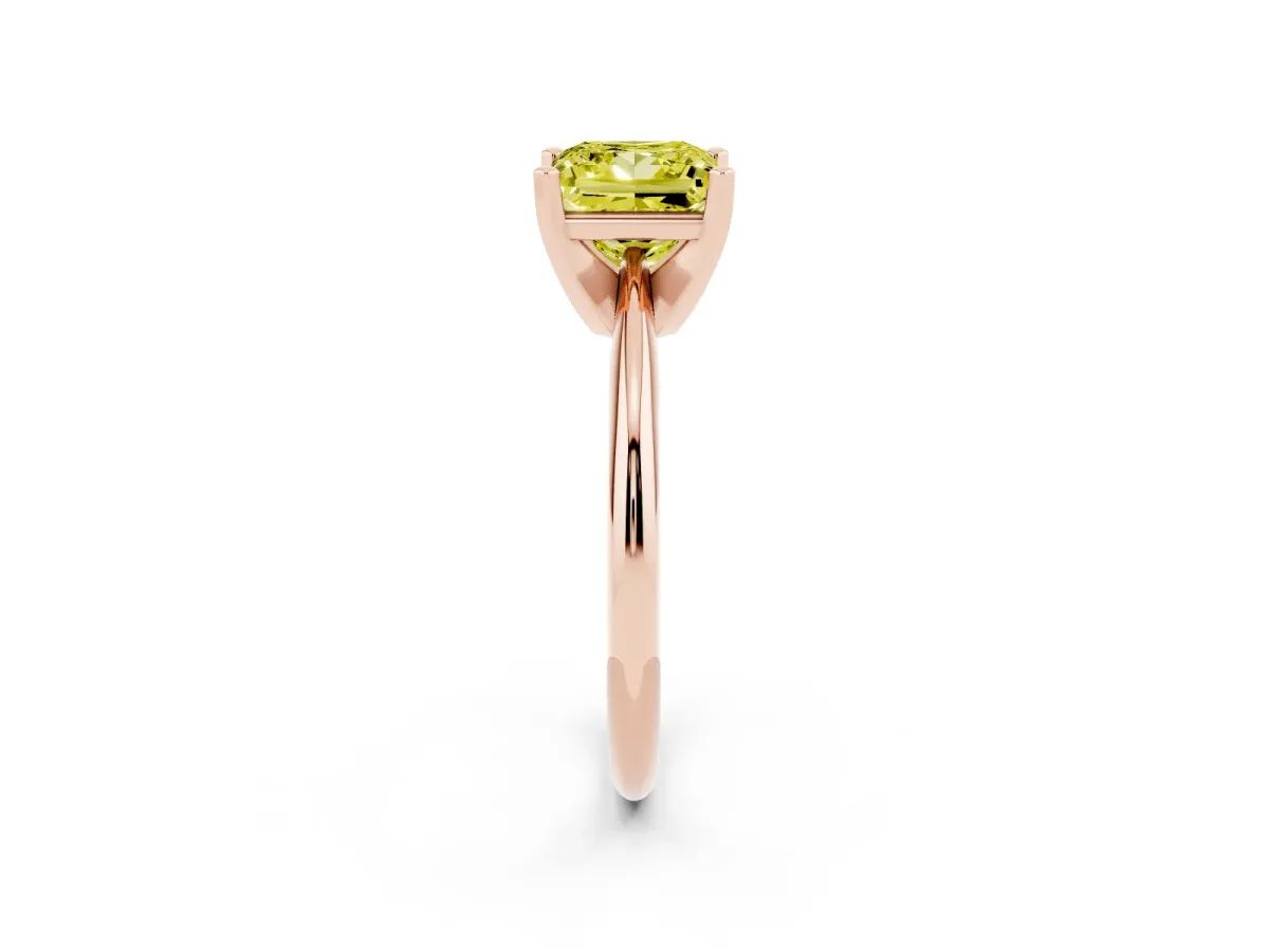 Fancy Yellow Princess Cut Cut Solitaire Ring with Four-Prong Setting on a Classic Band Rose gold