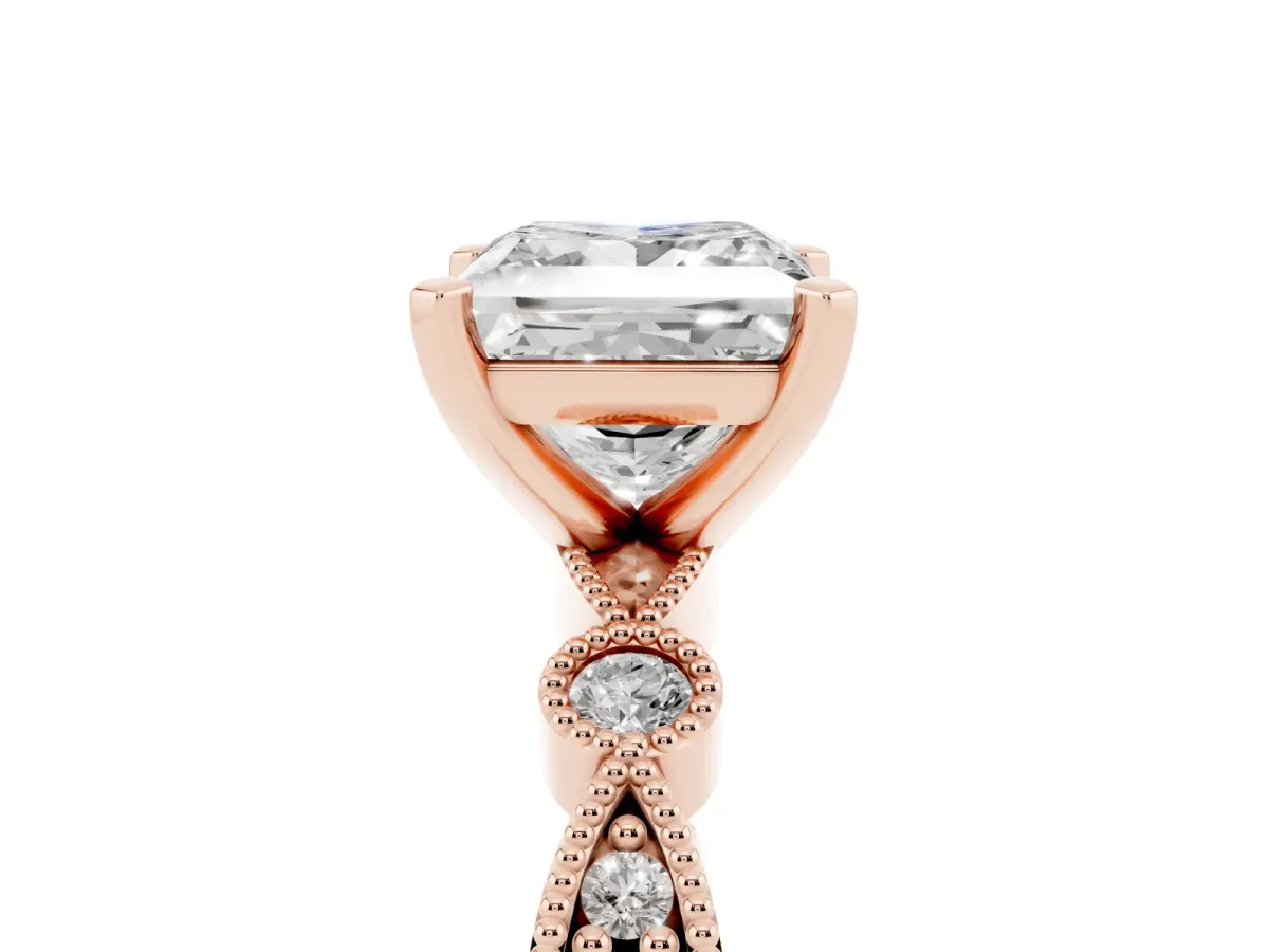 Princess Cut Milgrain Bezel Diamond Engagement Ring with Solitaire Prong Setting Rose gold