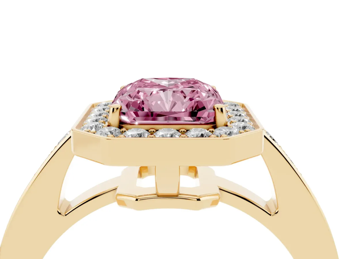 Fancy Pink Radiant Cut Halo Pavé Diamond Engagement Ring with Bezel Setting Yellow gold