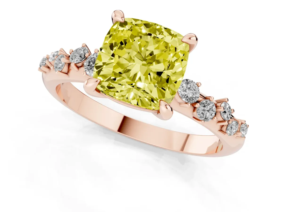 Fancy Yellow Cushion Cut Cut Diamond Vine Band with Four-Prong Setting Rose gold