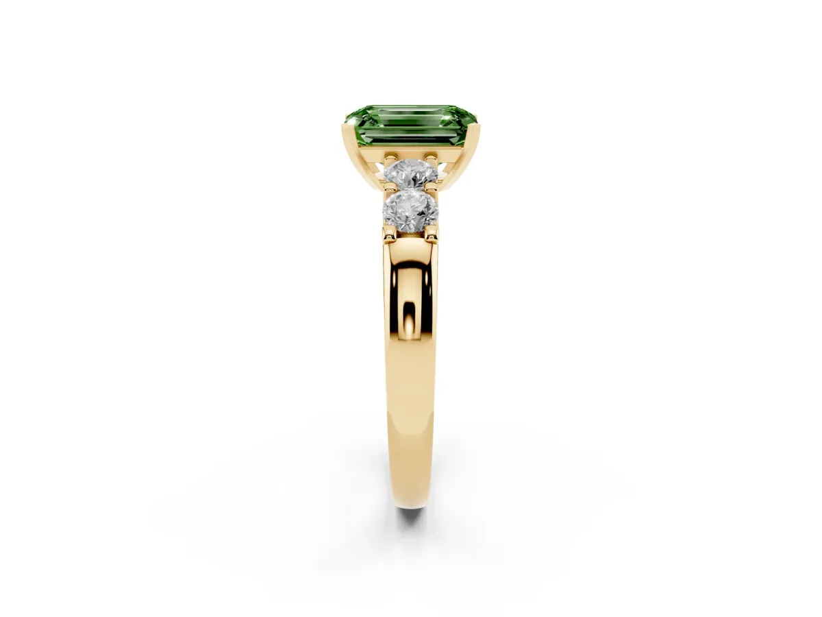 Fancy Green Emerald Cut Brilliant Cut Diamond Five-Stone Prong Set Engagement Ring with Channel Band Yellow gold