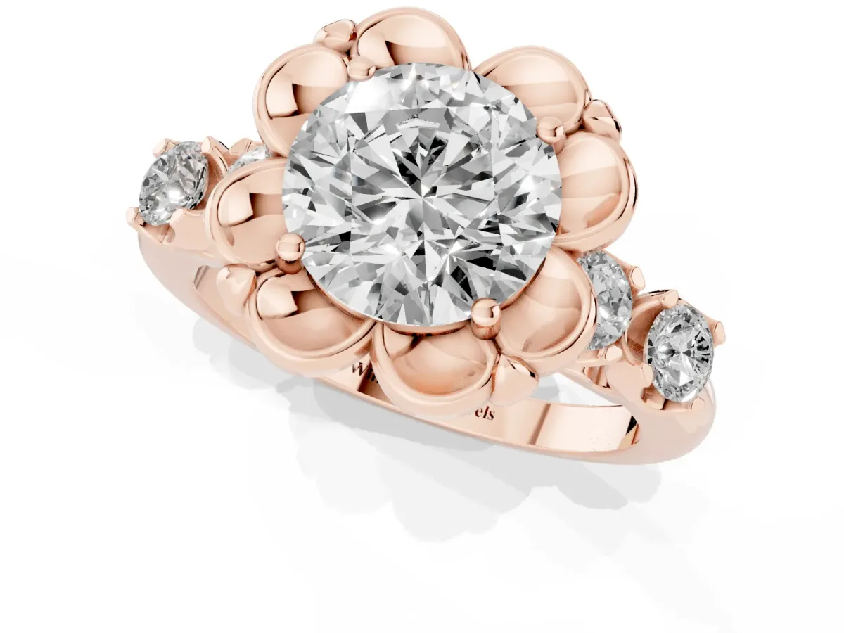 Round Cut Cut Diamond Floral Halo Engagement Ring with Shared Prong Setting Rose gold