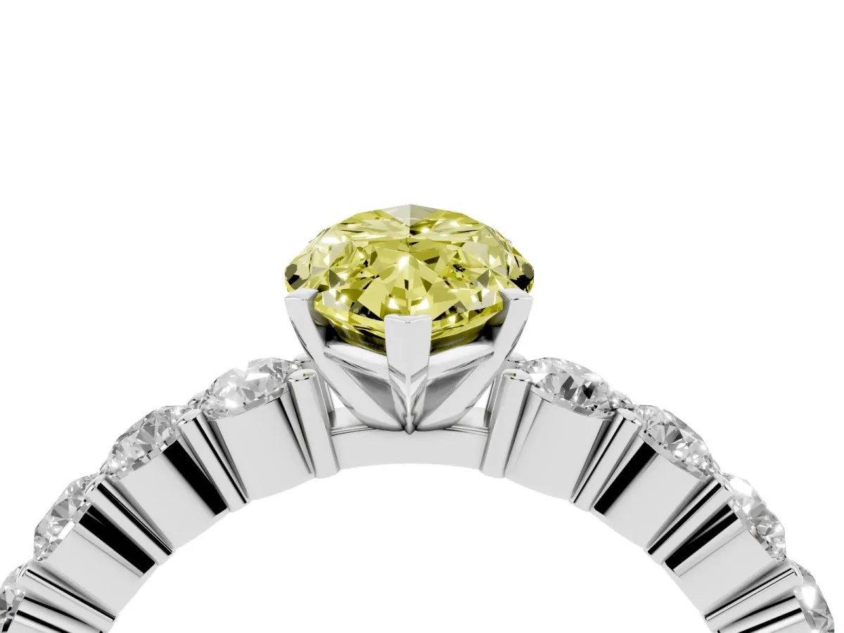 Fancy Yellow Marquise Cut Diamond Solitaire Ring with Shared Prong Round Side Stones Silver