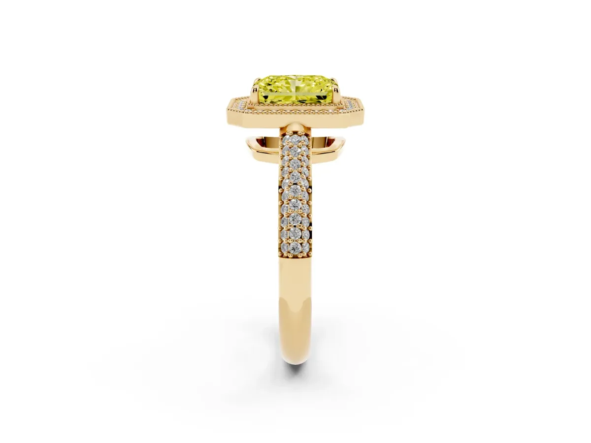 Fancy Yellow Radiant Cut Cut Halo Diamond Pave Band with Four-Prong Setting Yellow gold