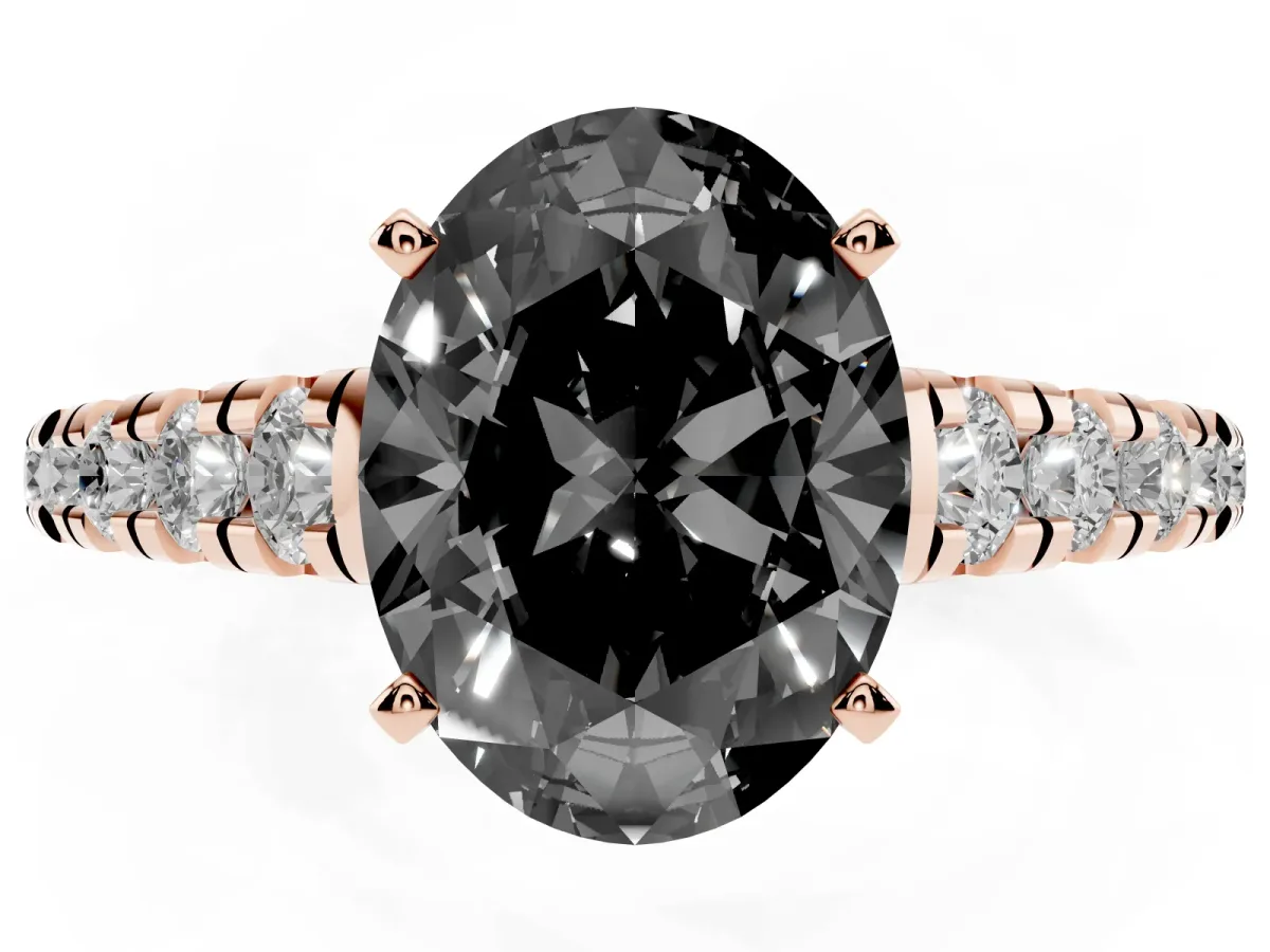 Fancy Black Oval Cut Diamond Cathedral Solitaire Ring with Round Pavé Band Rose gold