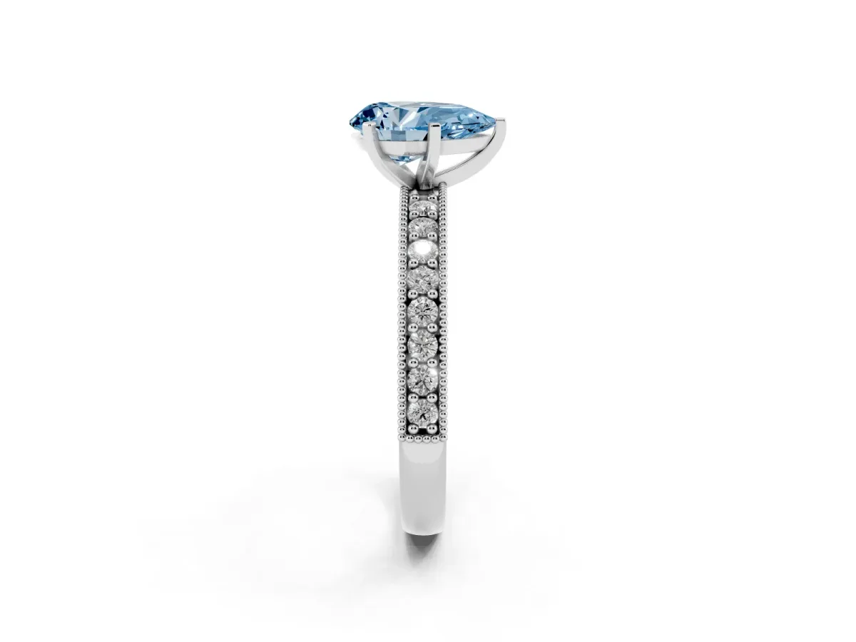 Fancy Blue Pear Cut Diamond Milgrain Pavé Engagement Ring with Four-Prong Setting Platinum