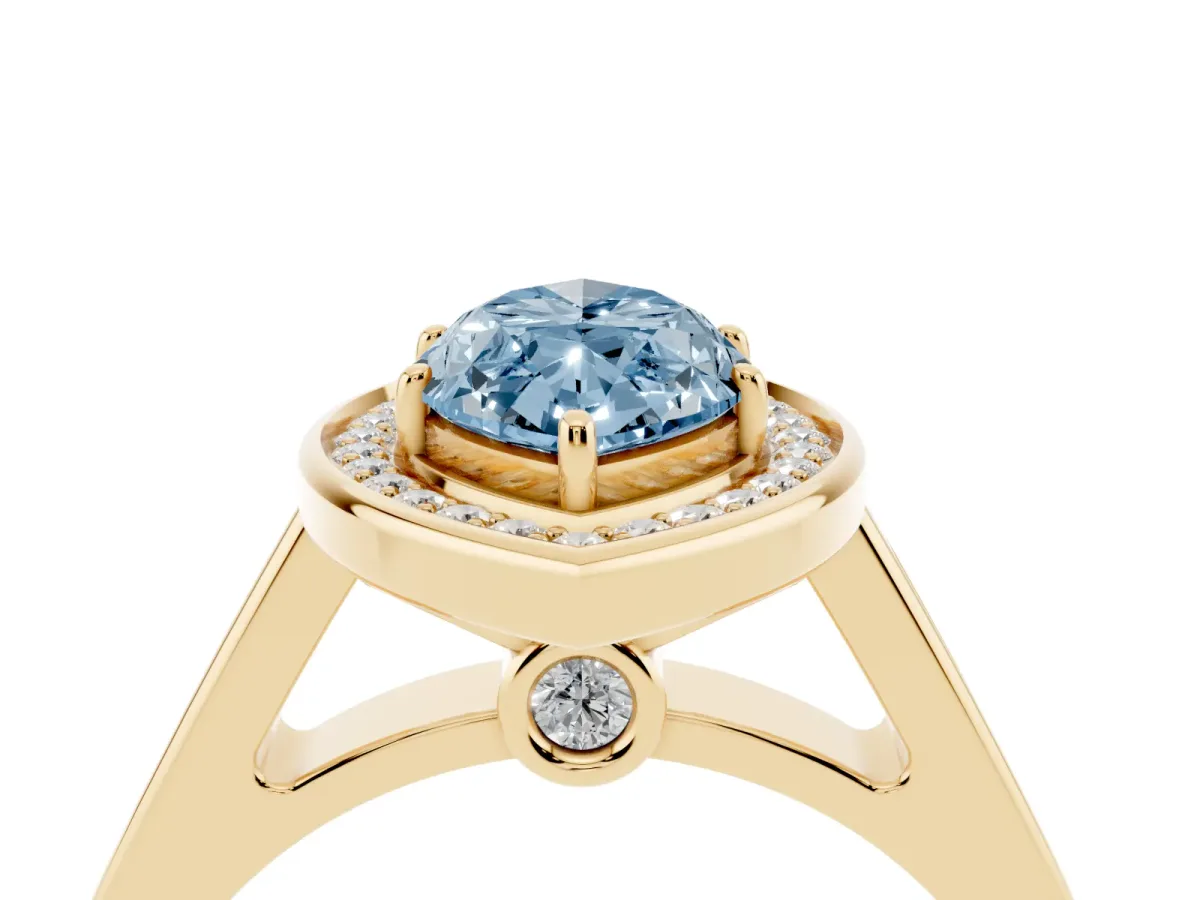 Fancy Blue Marquise Cut Halo Solitaire Diamond Ring with Pave Band and Bezel Setting Yellow gold