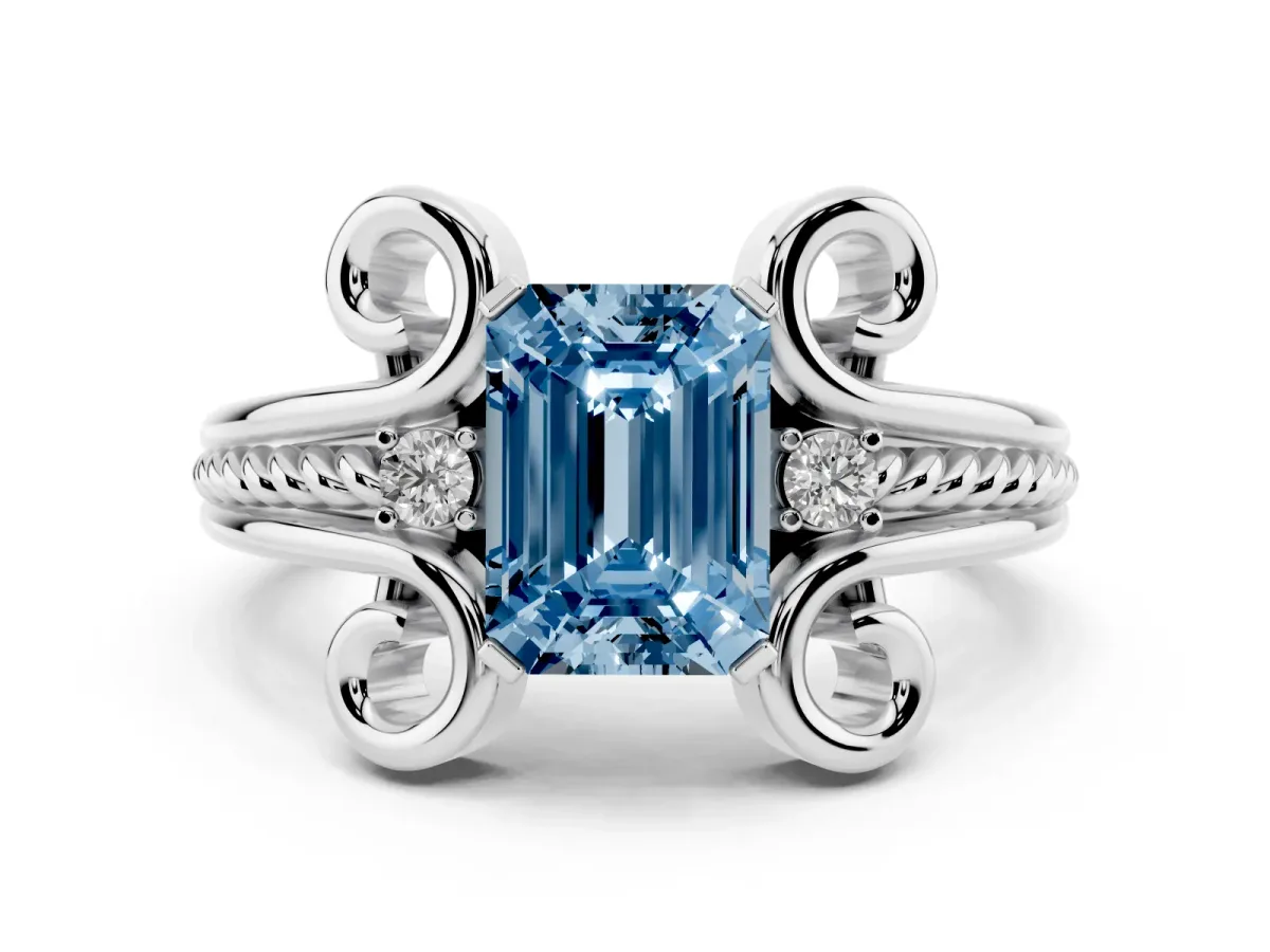 Fancy Blue Emerald Cut Solitaire Twisted Band Scroll Prong Ring Platinum
