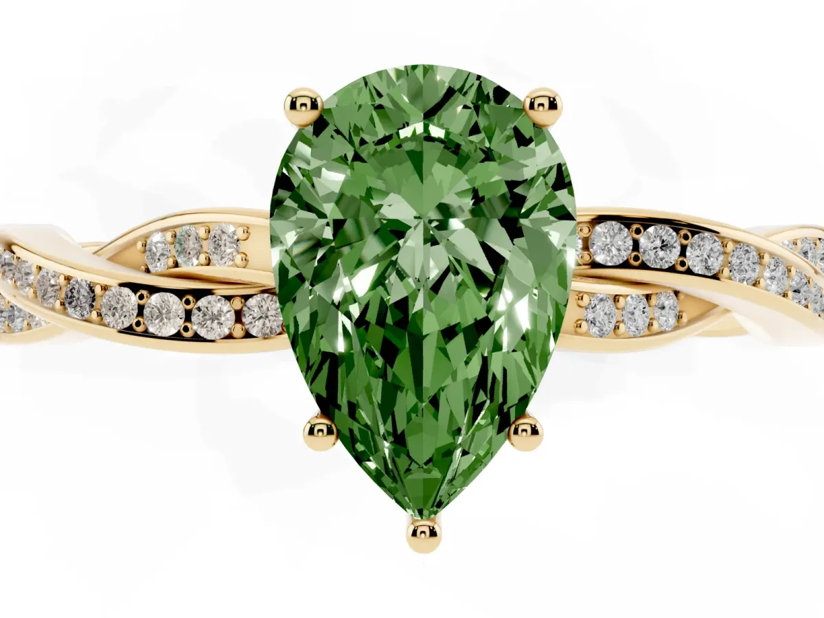 Fancy Green Pear Cut Solitaire Twisted Pave Diamond Ring with Four-Prong Setting Yellow gold