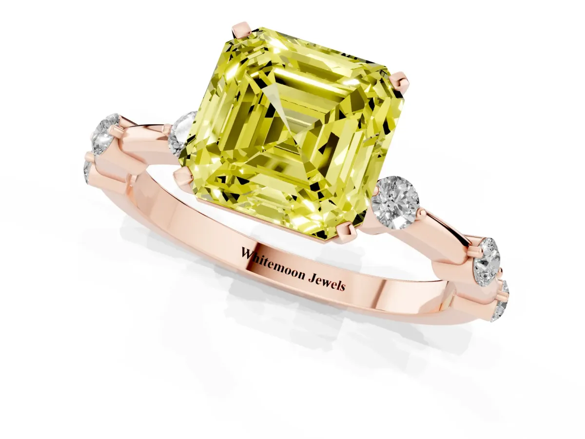 Fancy Yellow Asscher Cut Solitaire Diamond Ring with Bezel Set Side Stones and Prong Setting Rose gold