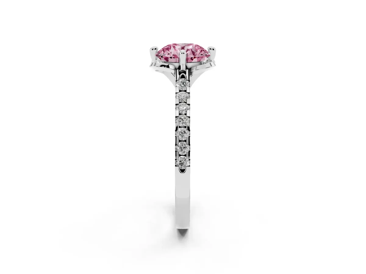 Fancy Pink Round Cut Diamond Ring with Pavé Band and Floral Prong Setting Silver