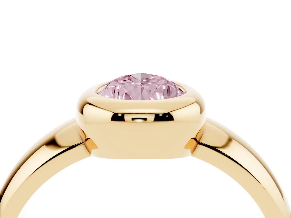 Fancy Pink Bezel Set Pear Cut Solitaire Ring with Wide Band Yellow gold