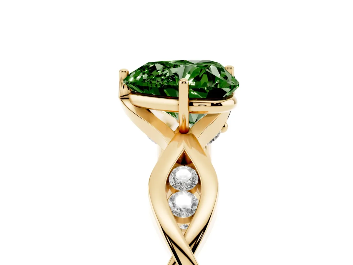 Fancy Green Heart Cut Solitaire Twist Band with Leaf Prong Setting Yellow gold