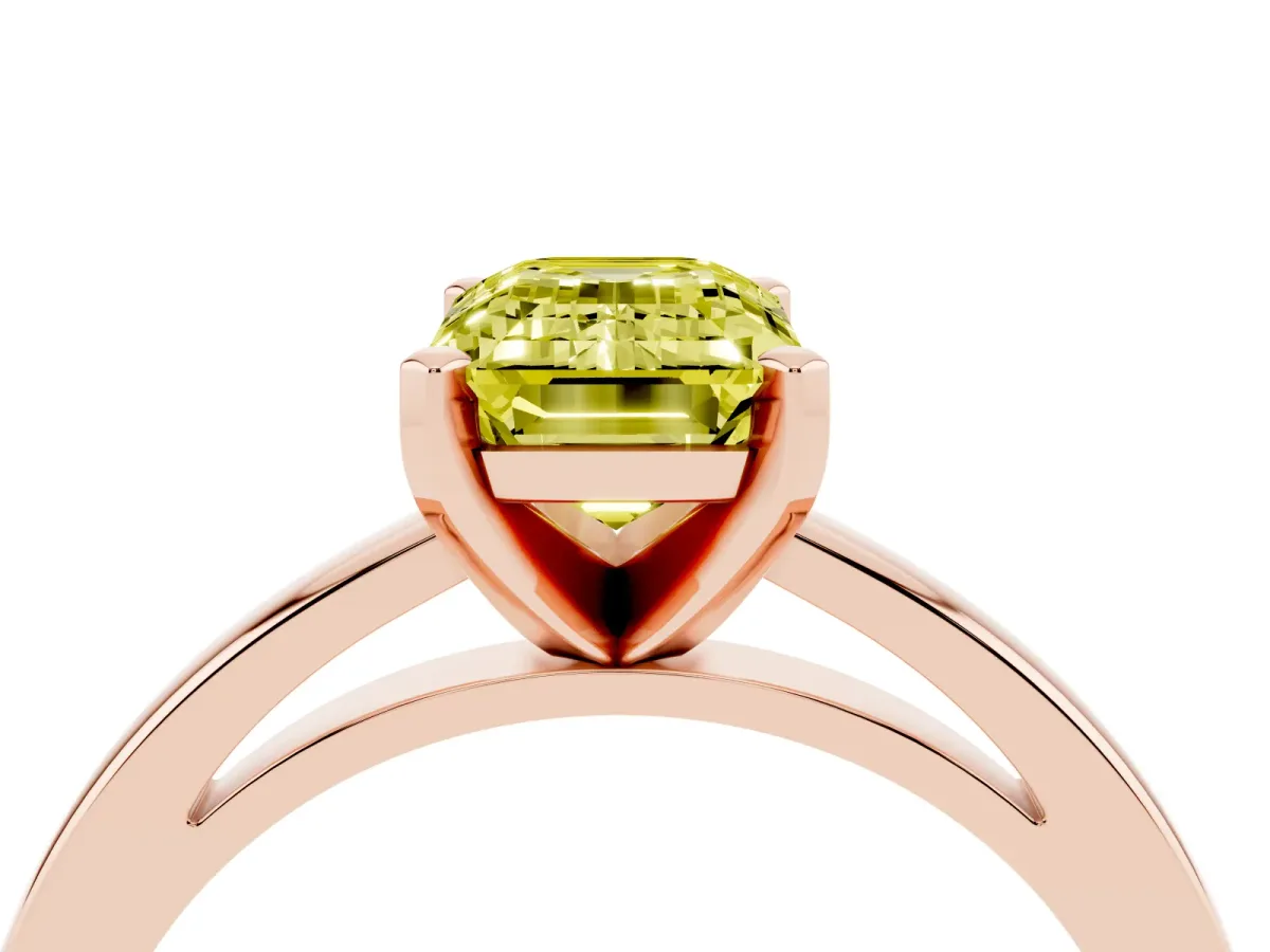 Fancy Yellow Emerald Cut Solitaire Diamond Engagement Ring with Four-Prong Setting on a Classic Band Rose gold