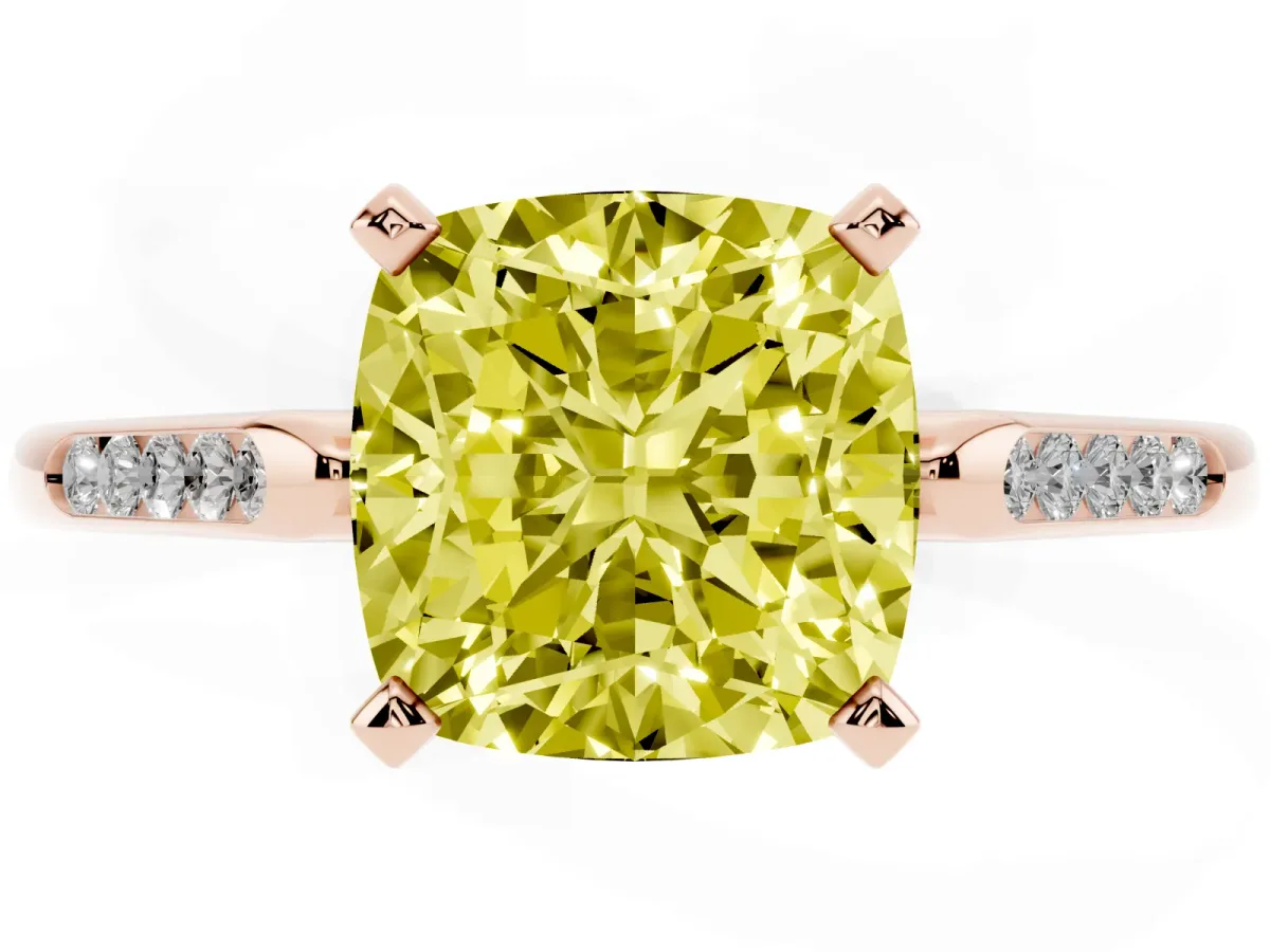 Fancy Yellow Cushion Cut Diamond Solitaire Ring with Channel Set Round Band and Prong Setting Rose gold