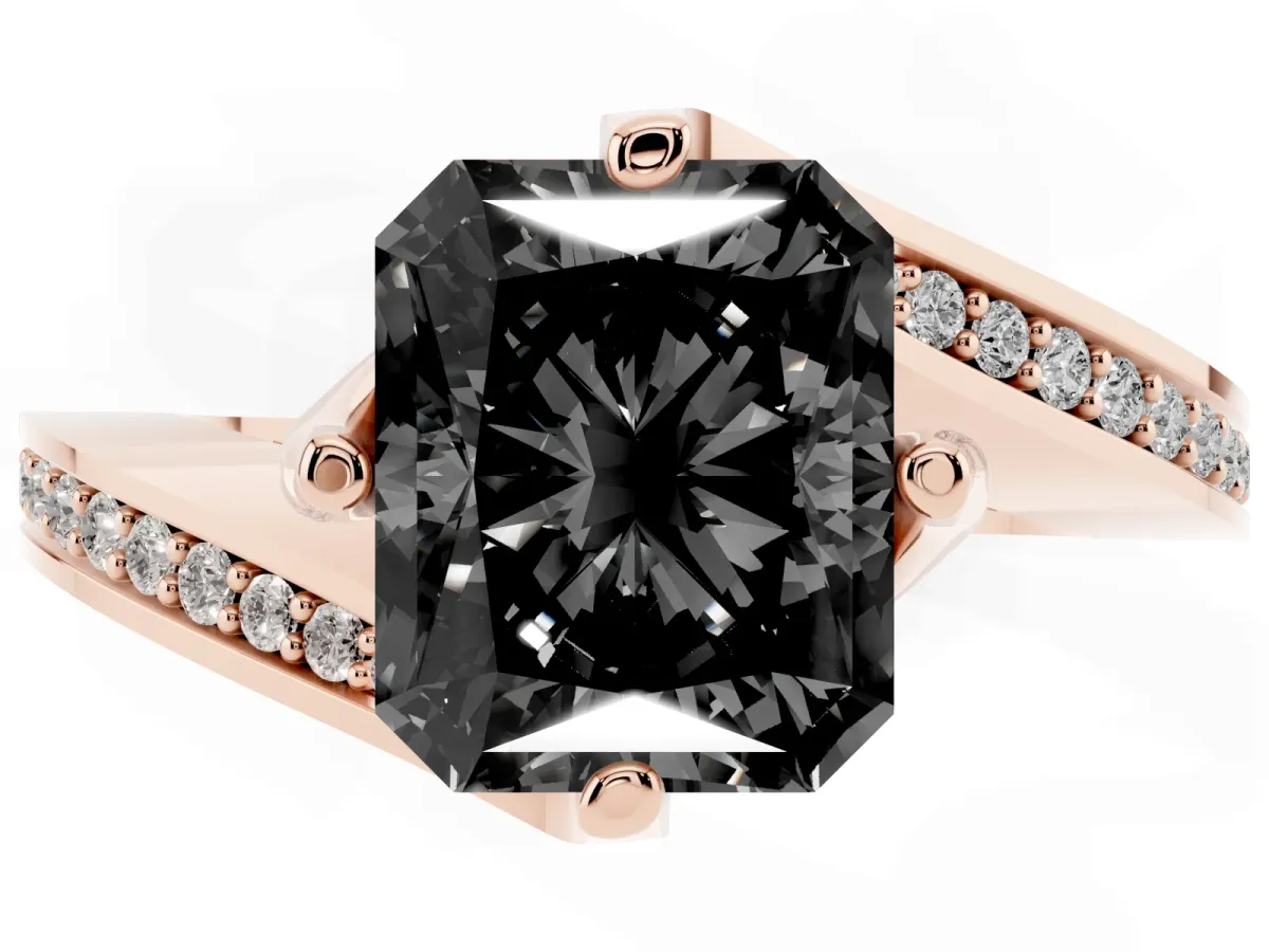 Fancy Black Radiant Cut Solitaire Diamond Twist Band with Pavé Setting and Four-Prong Setting Rose gold